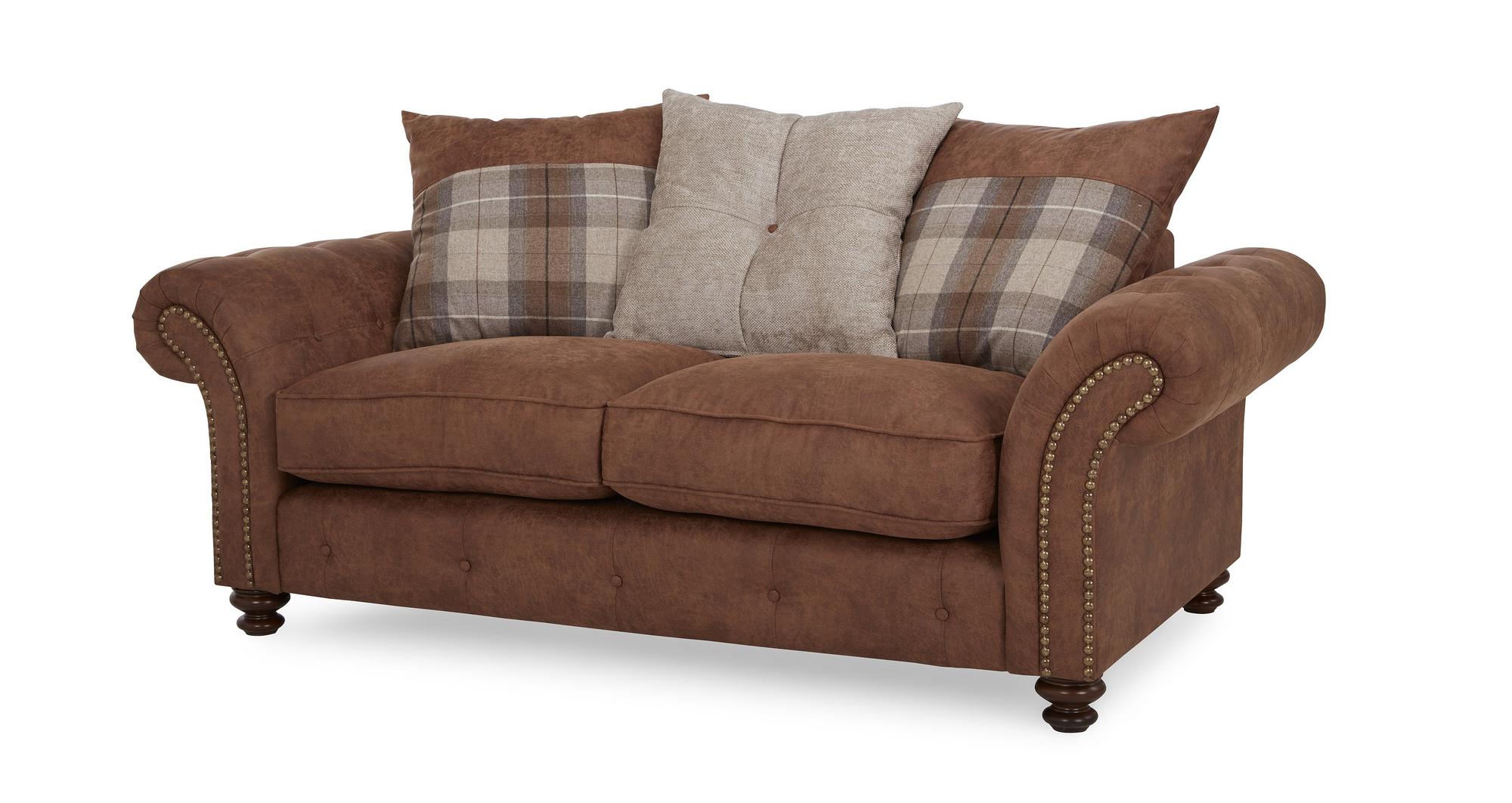 DFS Oakland Brown Fabric 2 Seater Pillow Back Sofa & Check Top