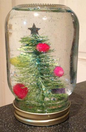 homemade snow globe with a christmas tree