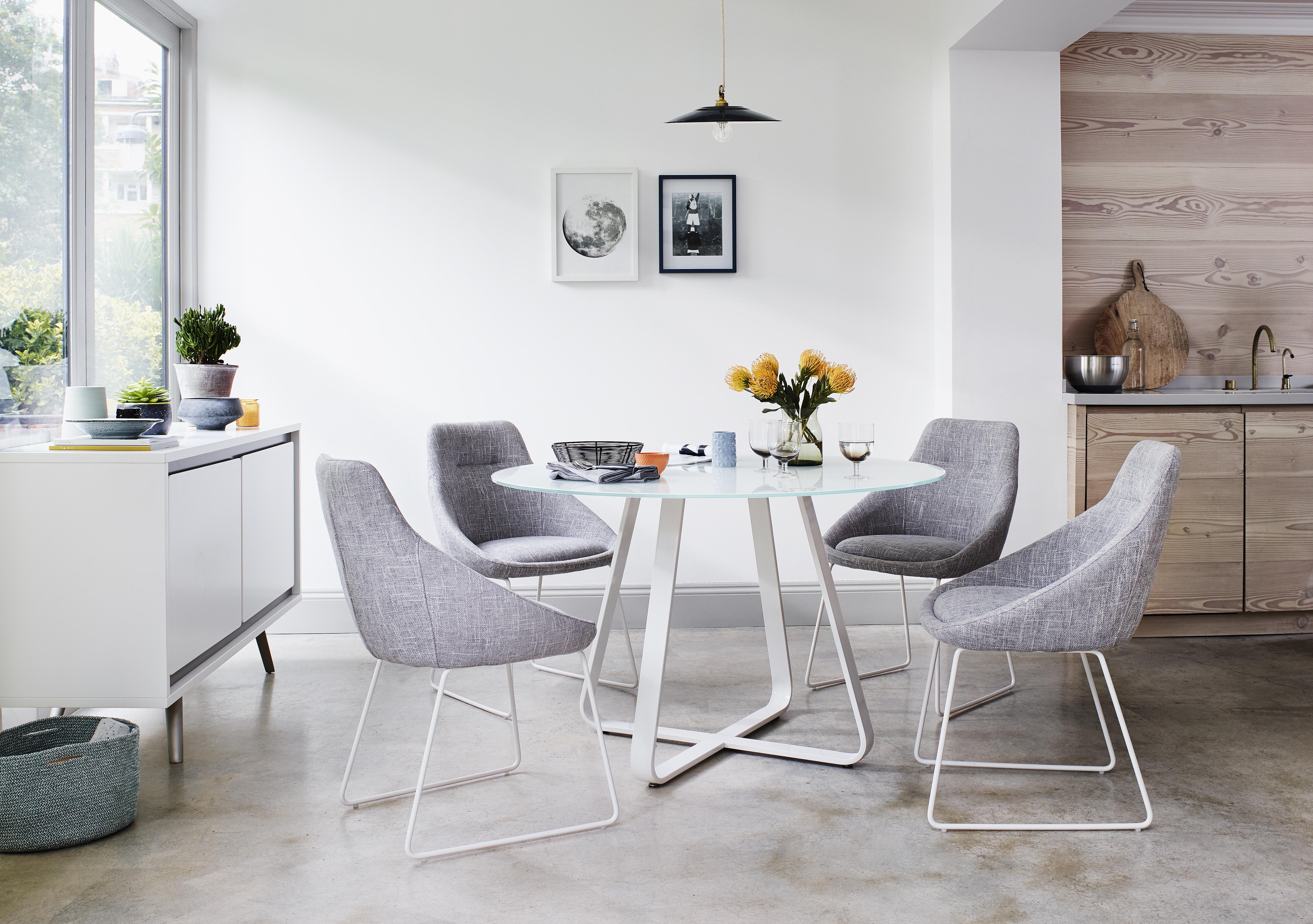 modern grey upholstered dining chairs and table