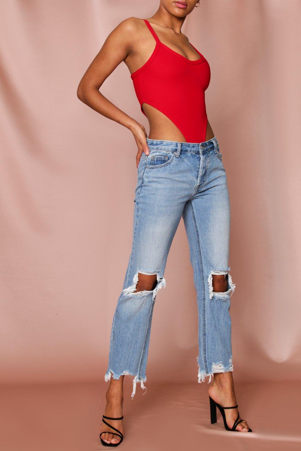 High Waisted Distressed Straight Leg Jeans
 