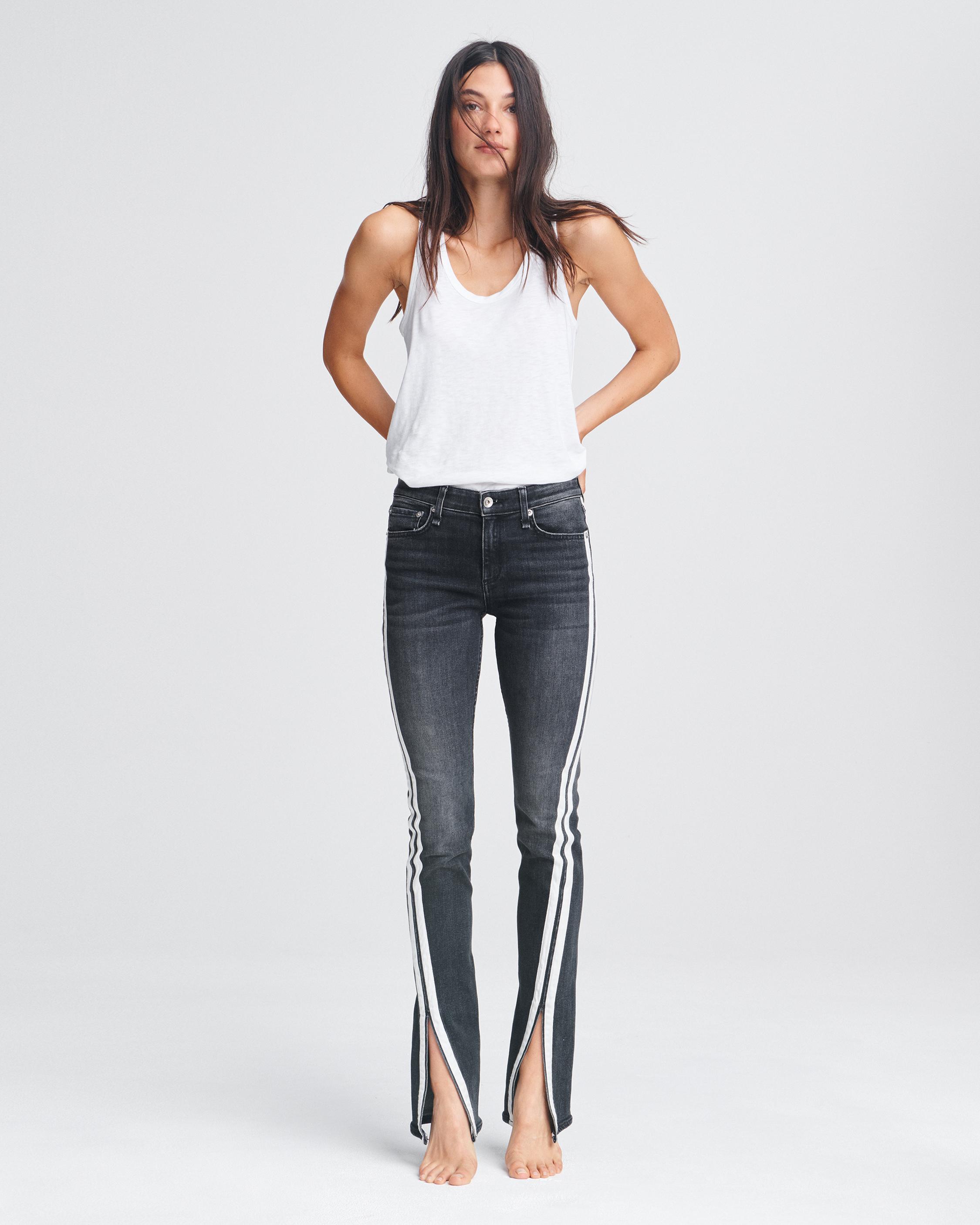 black and white striped flare jeans