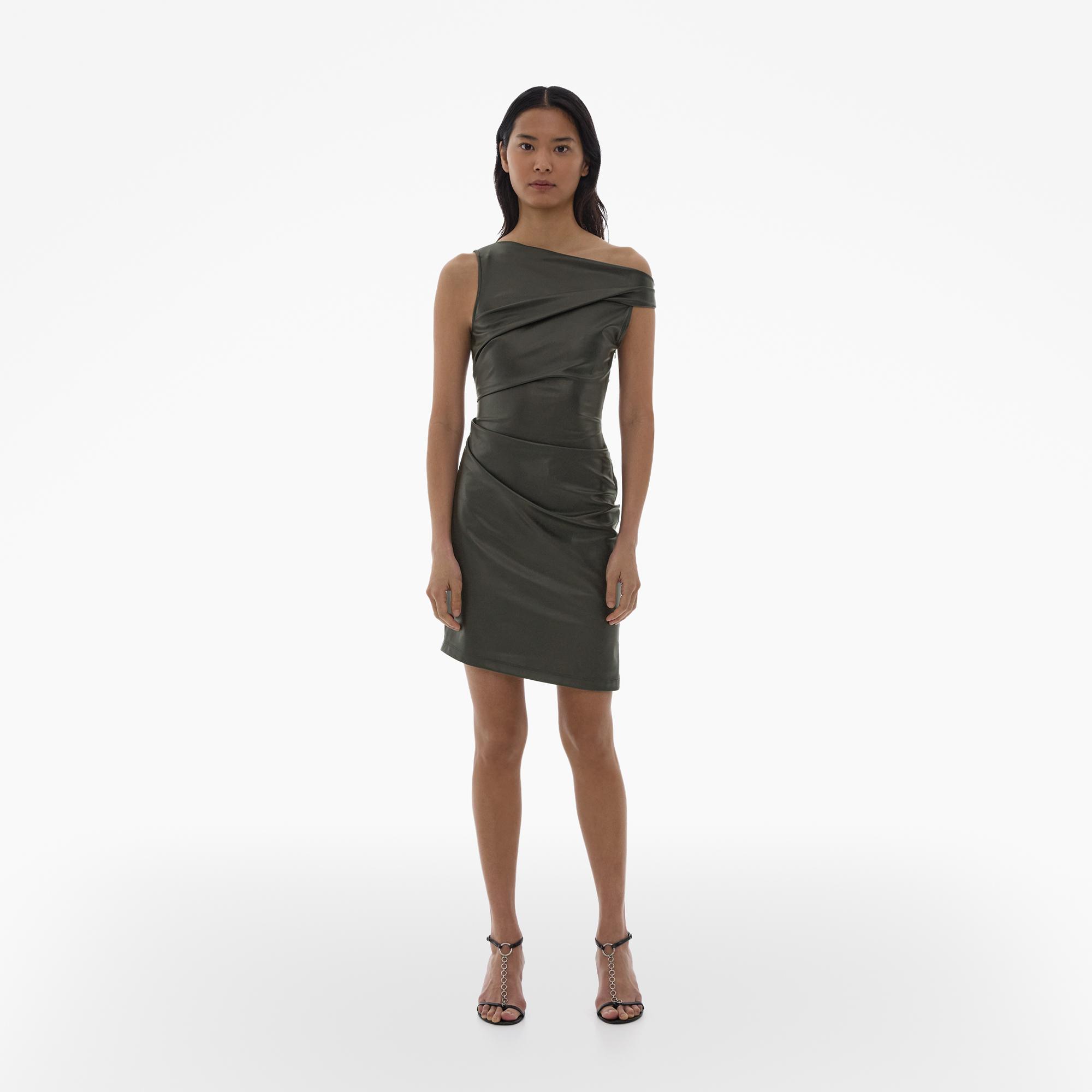 Helmut Lang Faux Leather Asymmetrical Dress In Olive