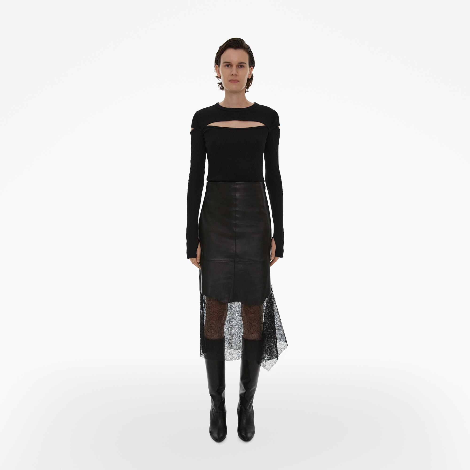 Shop Helmut Lang Lace-trimmed Leather Skirt In Black