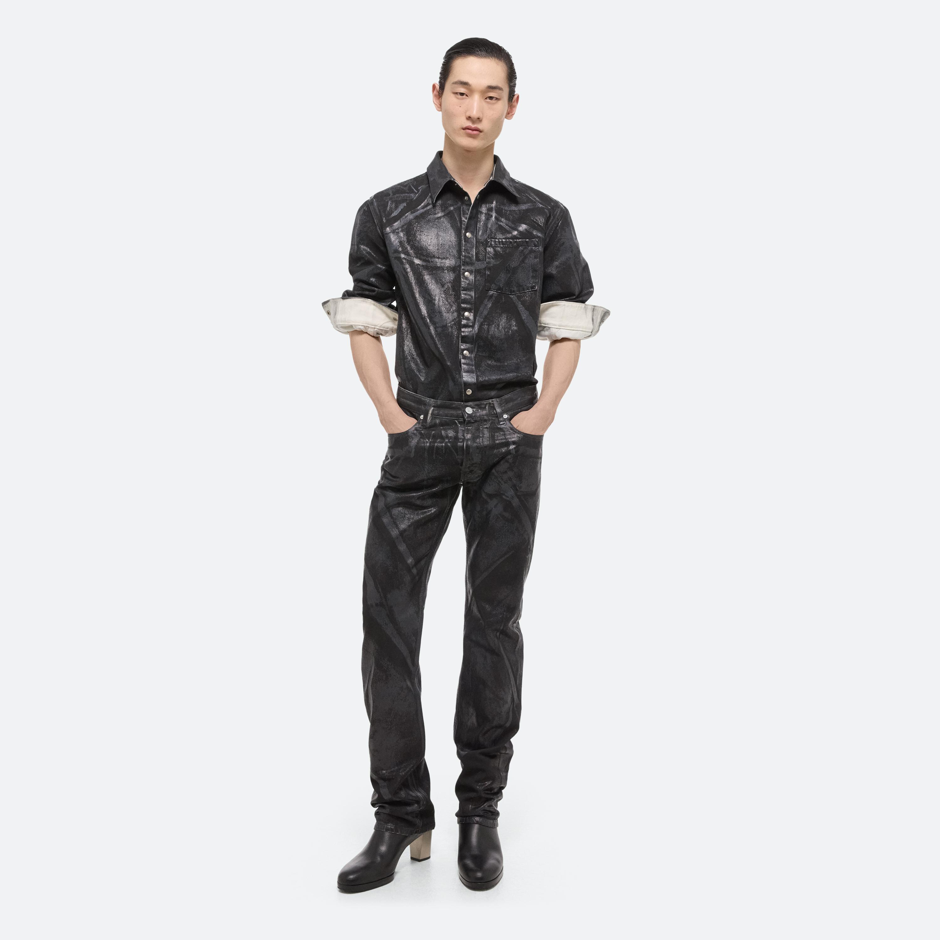 Shop Helmut Lang Foiled Low-rise Straight Jeans In Black Distress Metal Crash