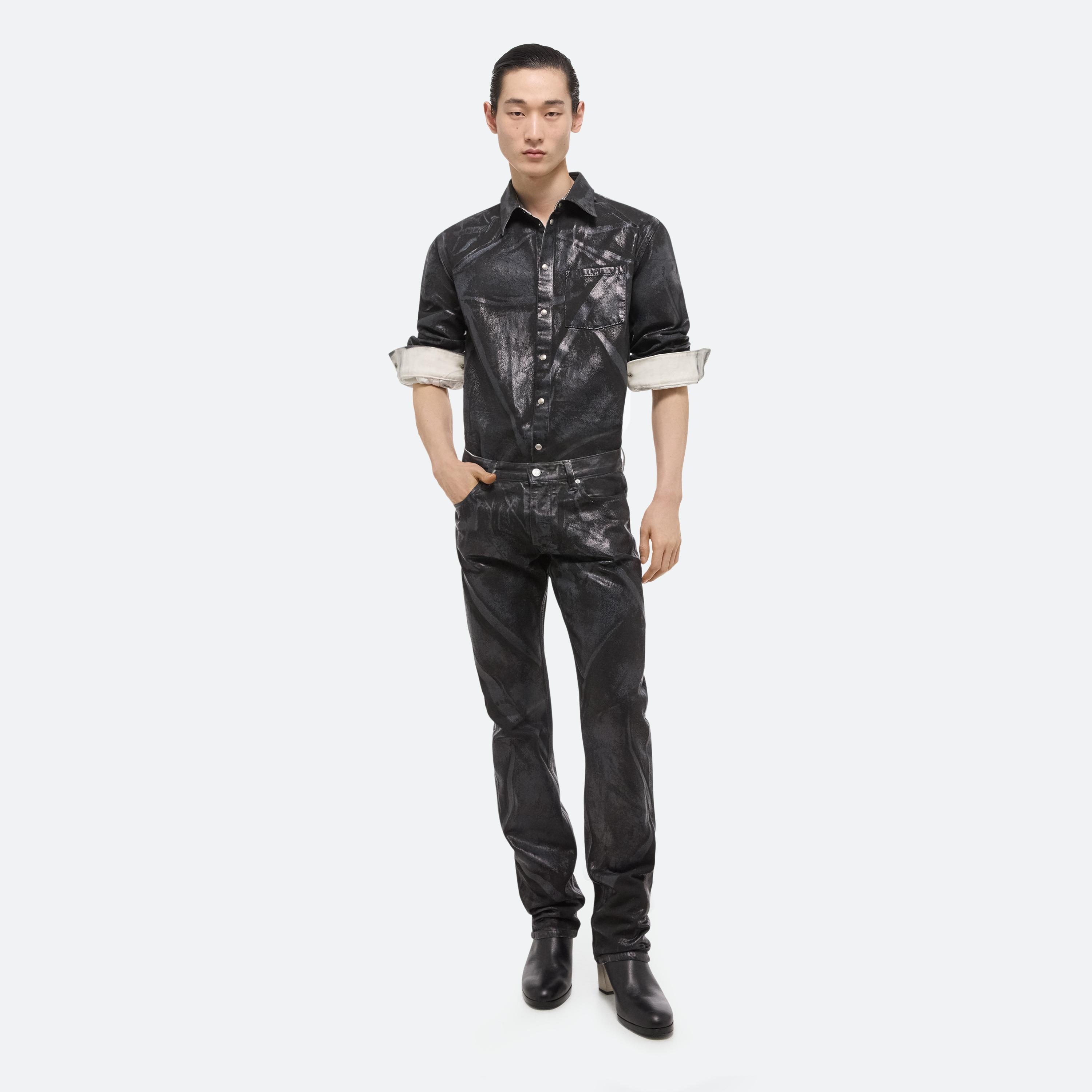 Shop Helmut Lang Foiled Denim Shirt Jacket In Black Distress Metal Crash