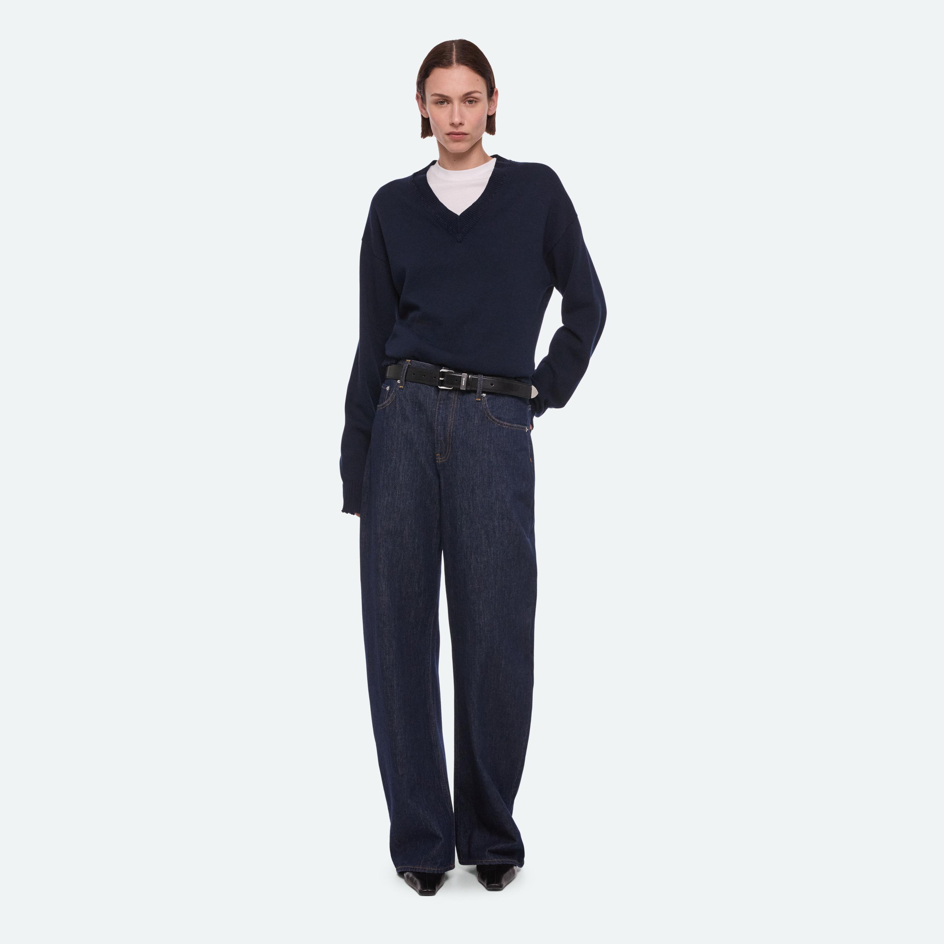 Helmut Lang Distressed V-neck Sweater In Dark Navy