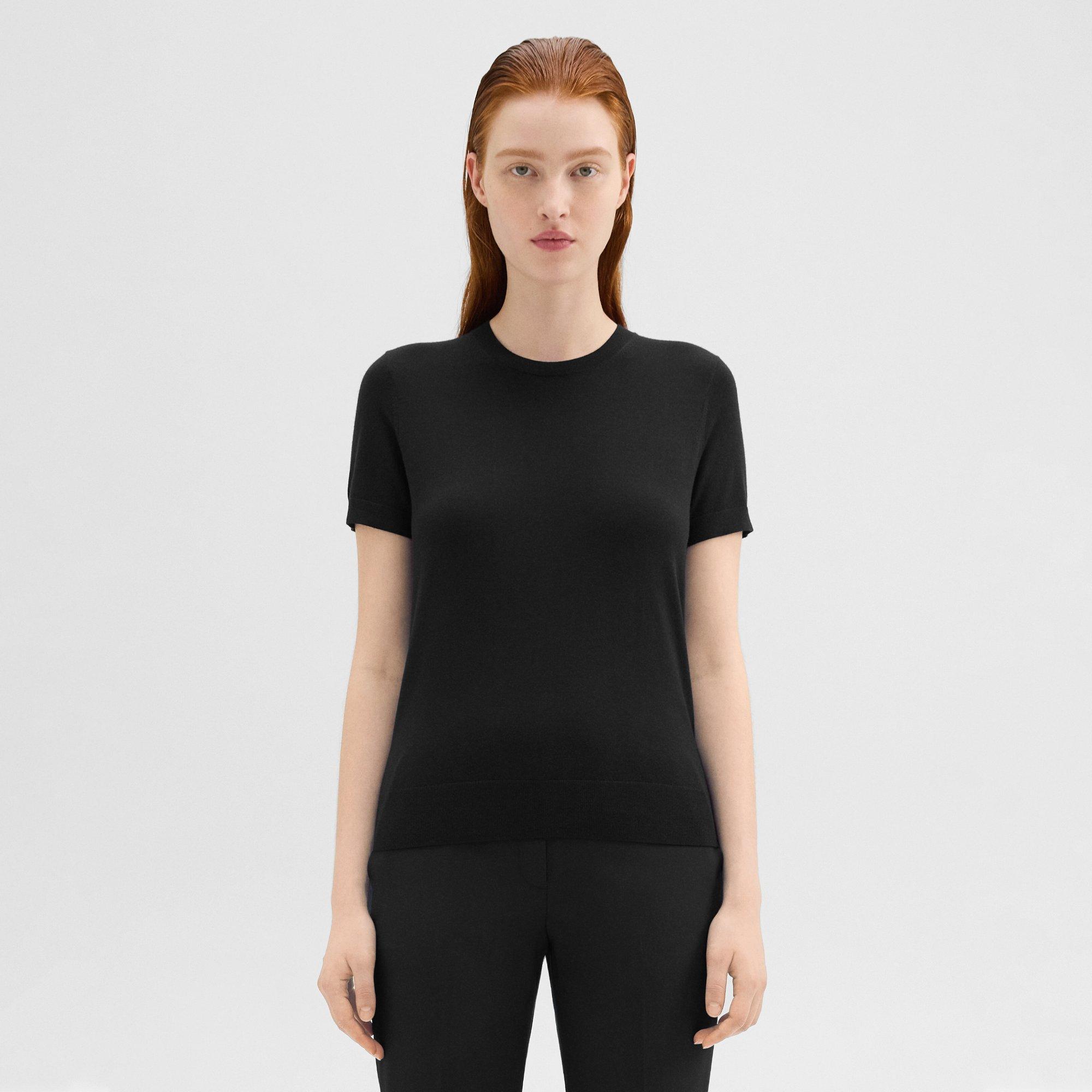 Theory Short-sleeve Sweater In Regal Wool In Black