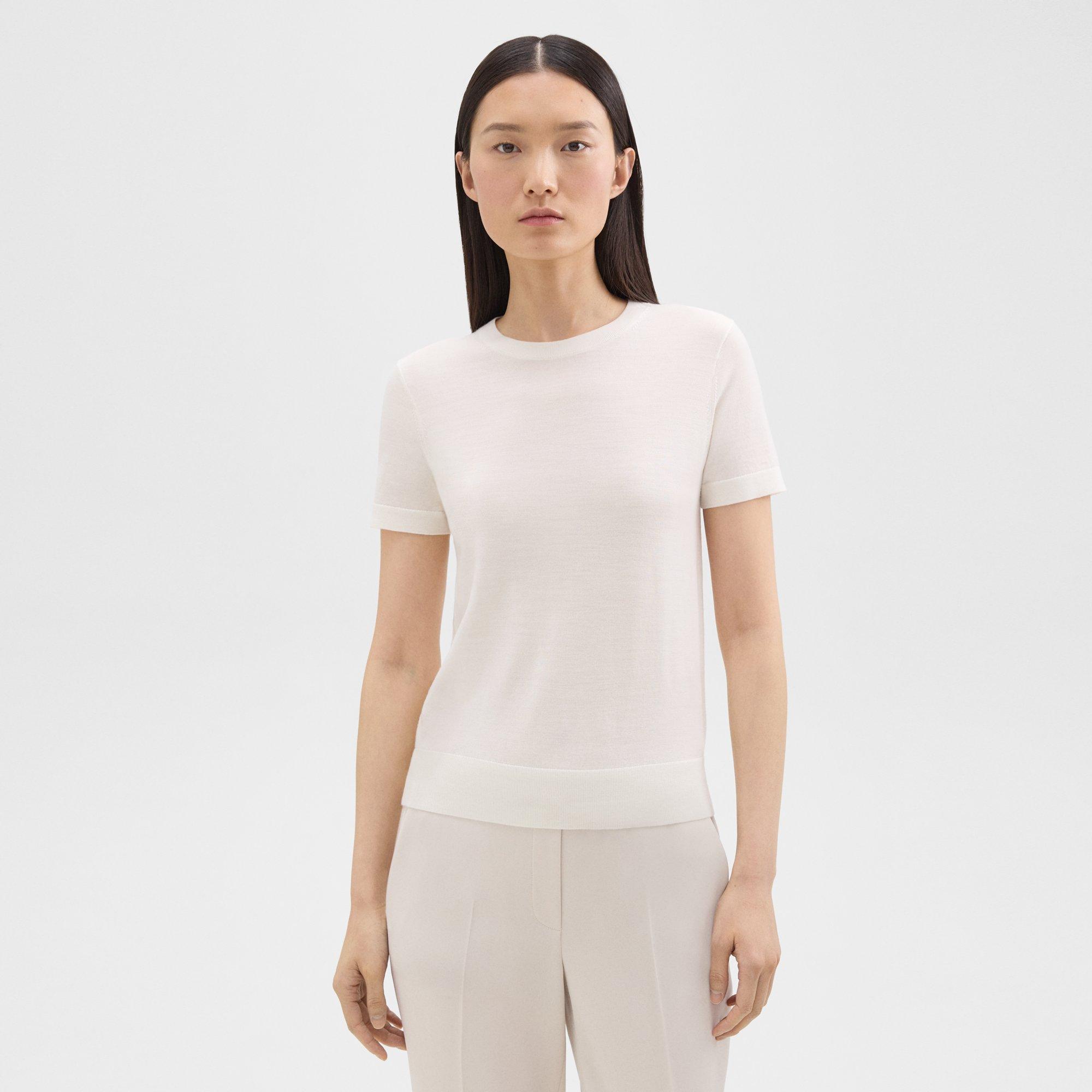 Theory Short-sleeve Sweater In Regal Wool In New Ivory