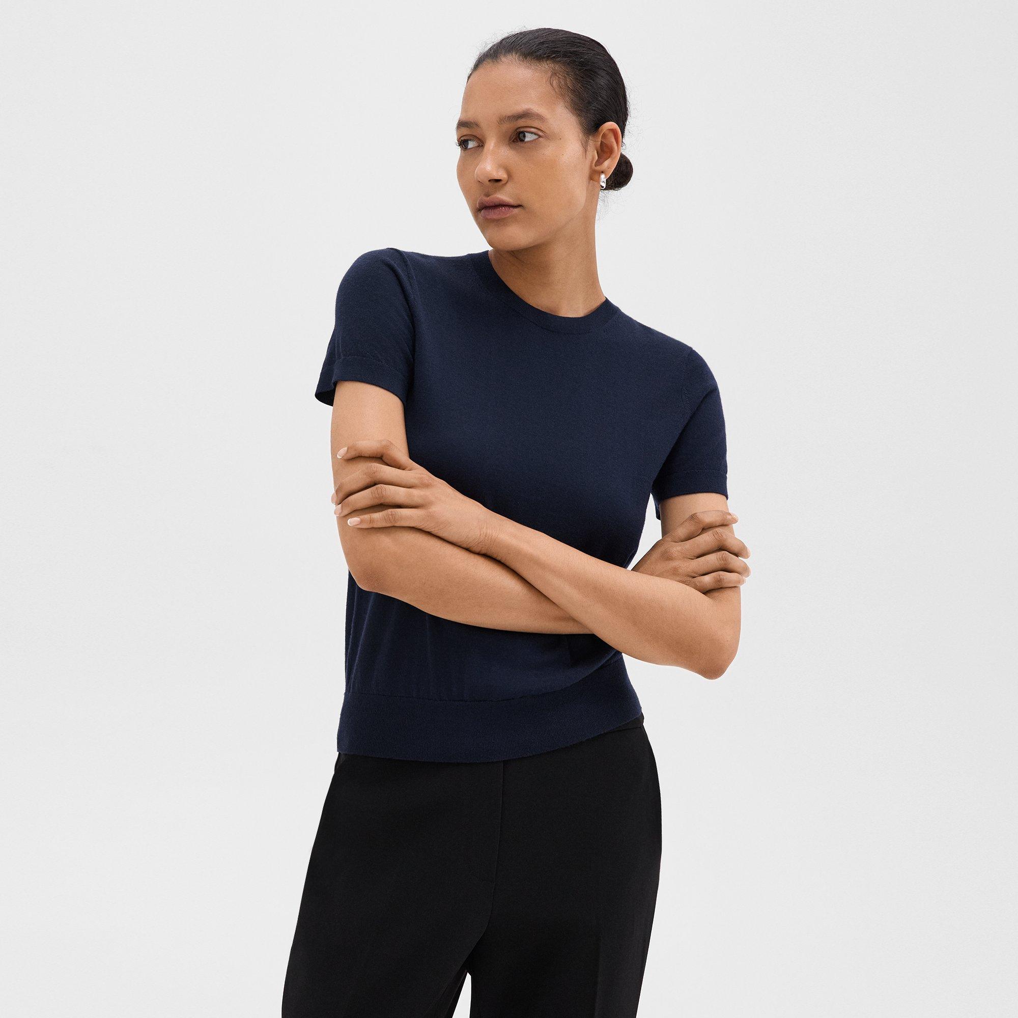 Theory Short-sleeve Sweater In Regal Wool In Deep Navy