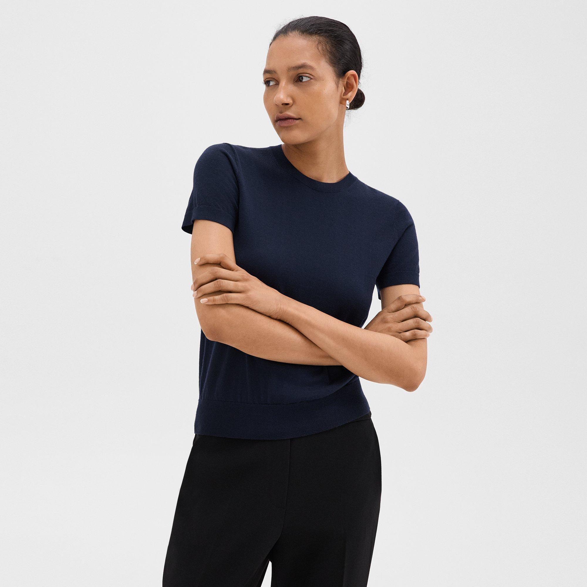 Shop Theory Short-sleeve Sweater In Regal Wool In Deep Navy