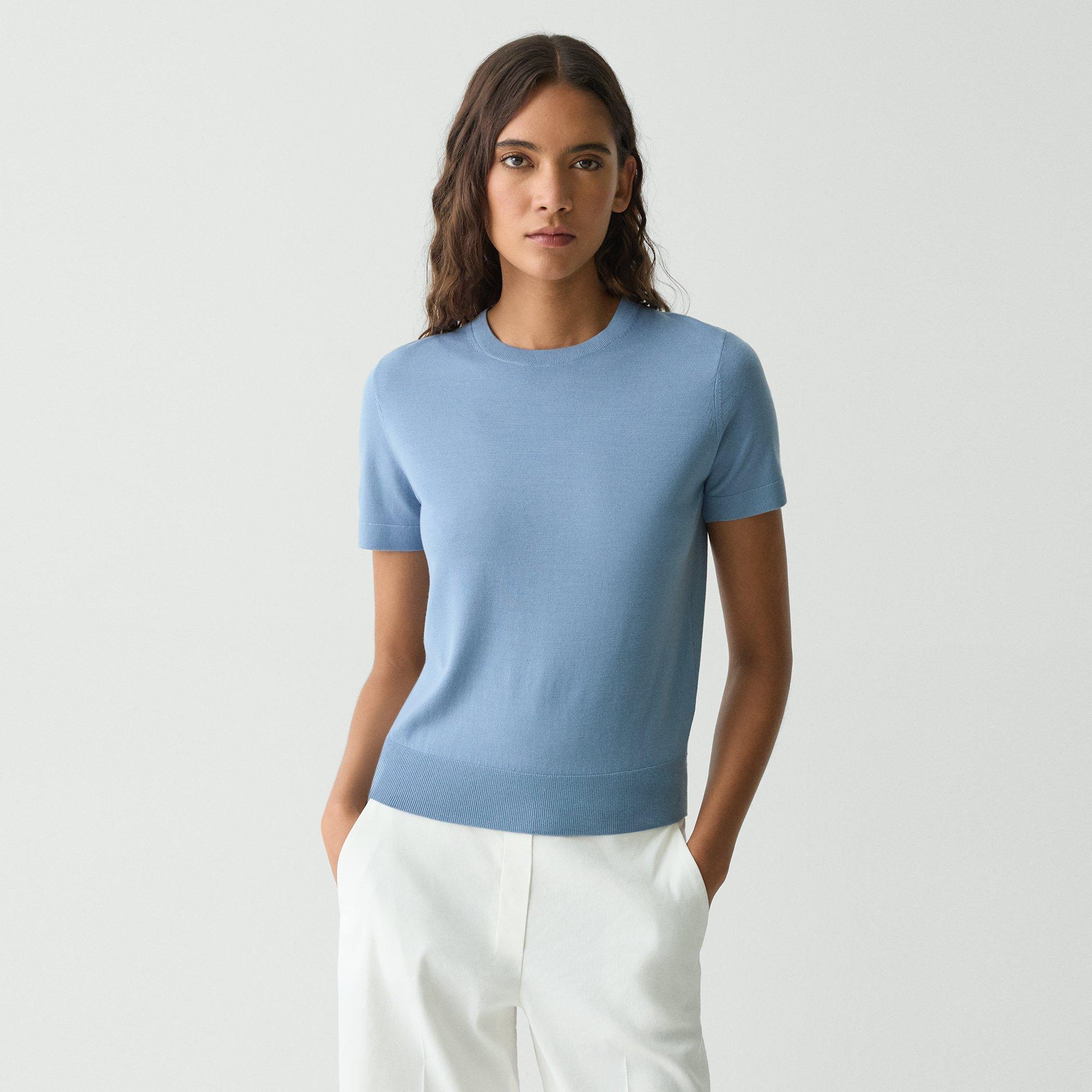 Theory Short-sleeve Sweater In Regal Wool In Stone Blue