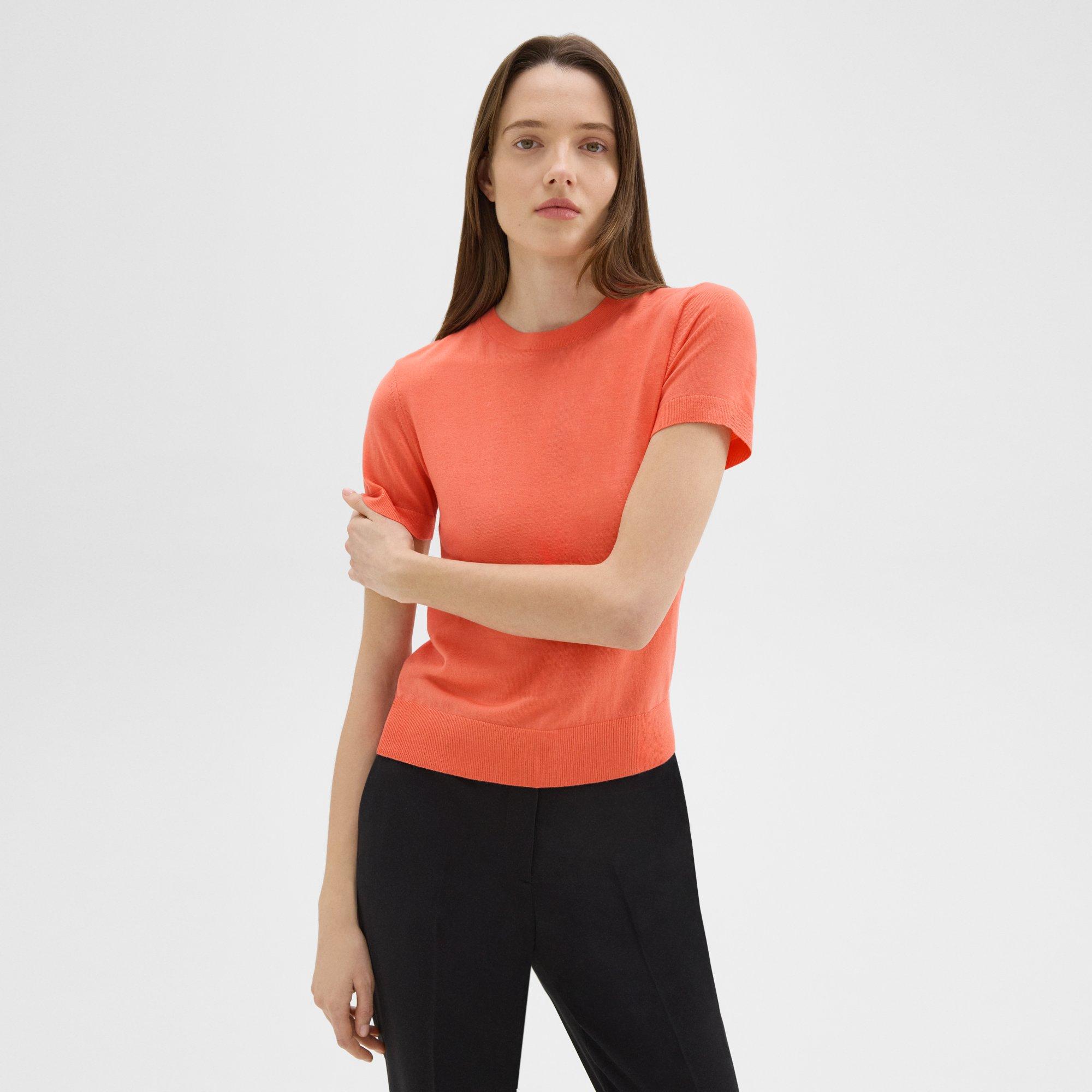 Theory Short-sleeve Sweater In Regal Wool In Bright Coral