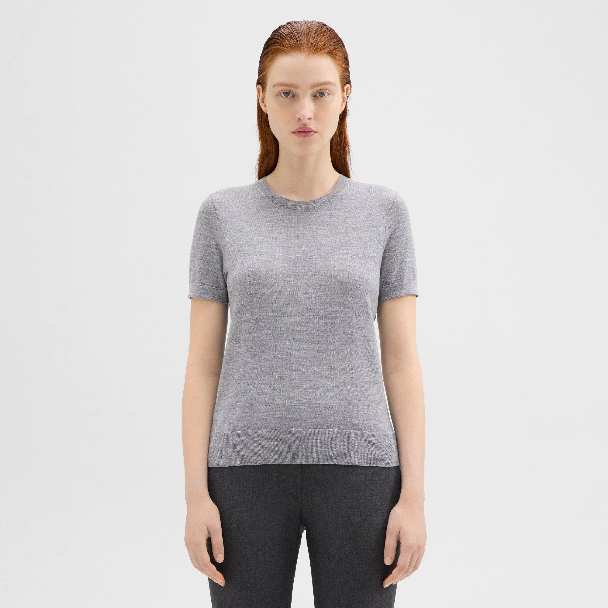 Theory Short-sleeve Sweater In Regal Wool In Cool Heather Grey