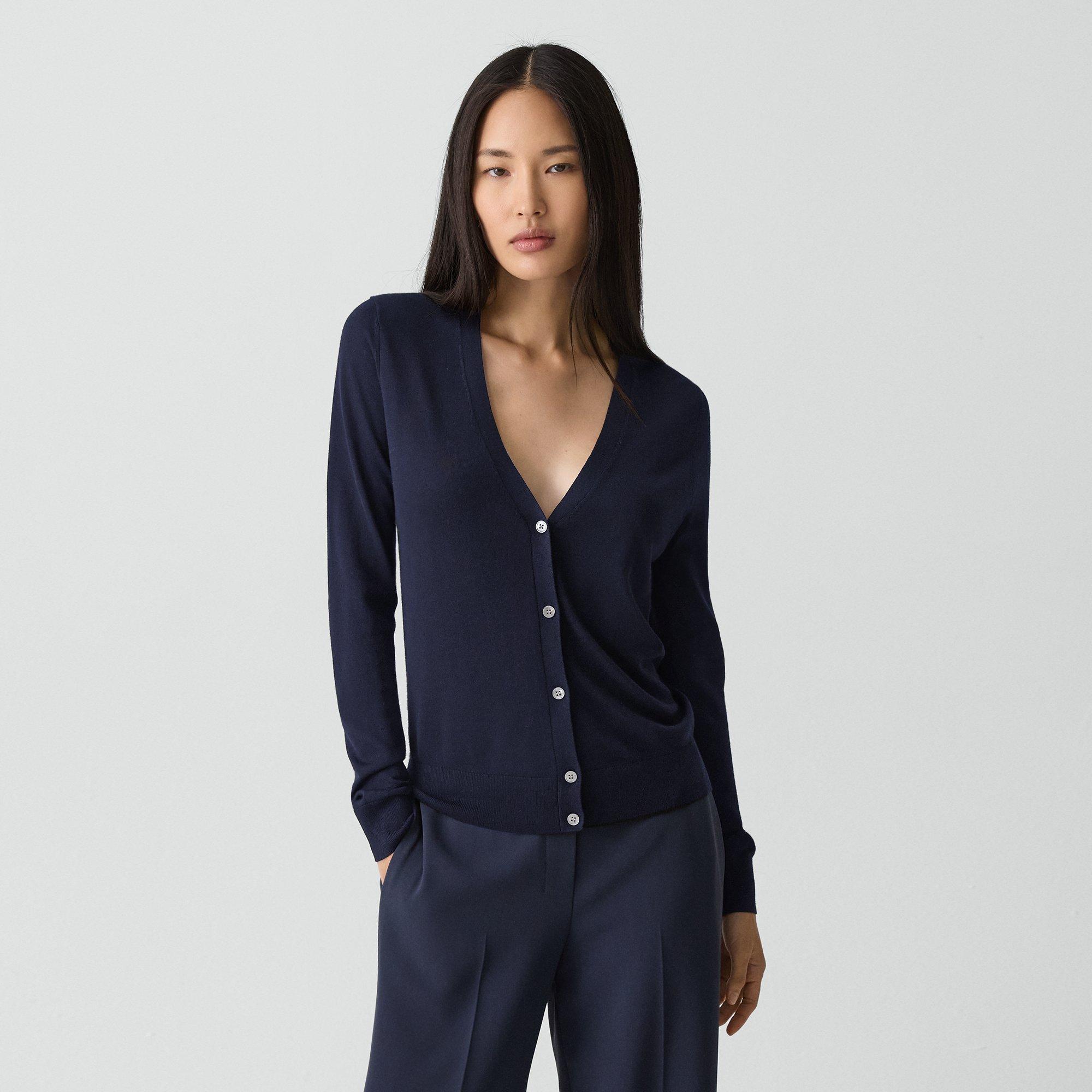 Theory V-neck Button-front Regal Wool Cardigan In Deep Navy