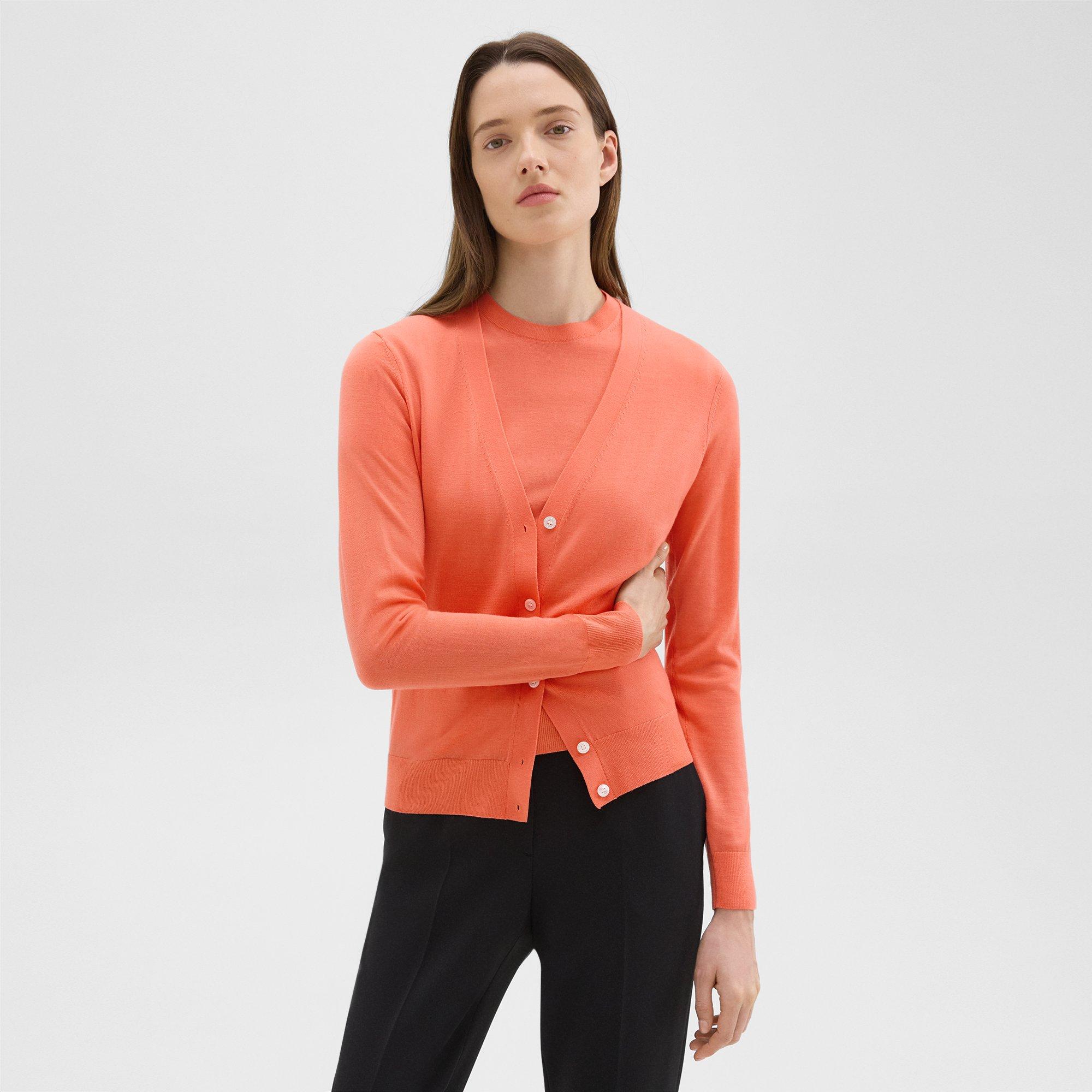 Theory V-neck Cardigan In Regal Wool In Bright Coral