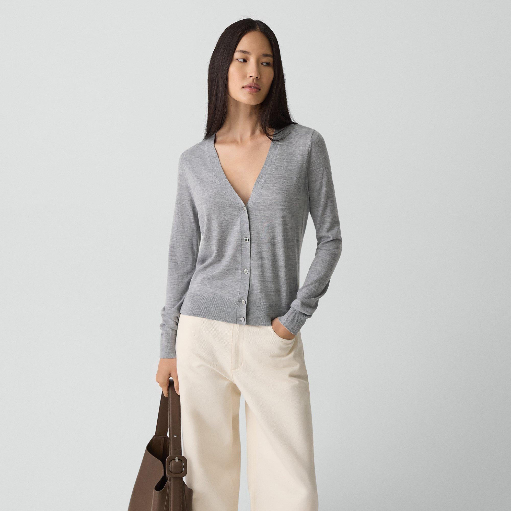 Theory V-neck Cardigan In Regal Wool In Cool Heather Grey