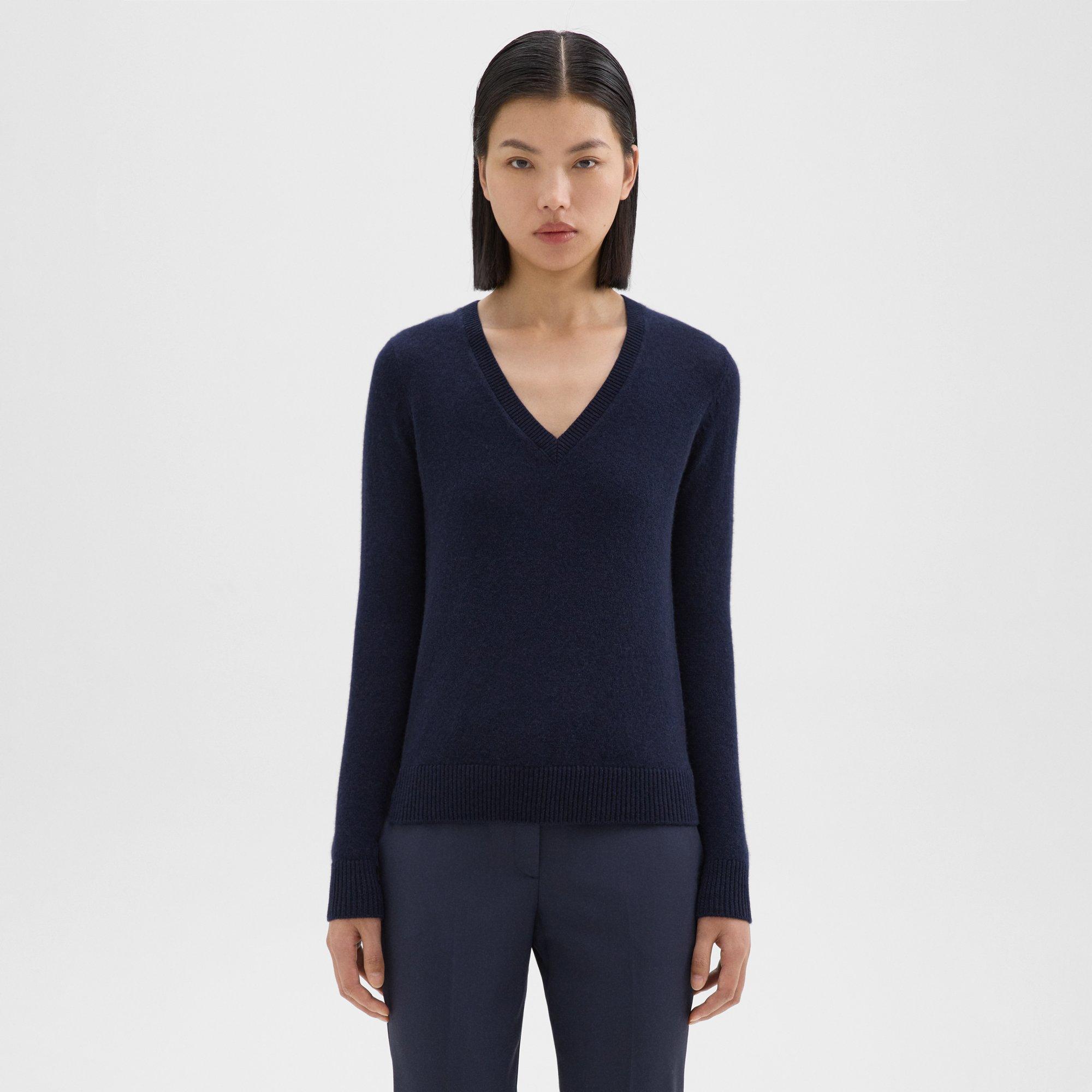 Theory V-neck Sweater In Feather Cashmere In Deep Navy