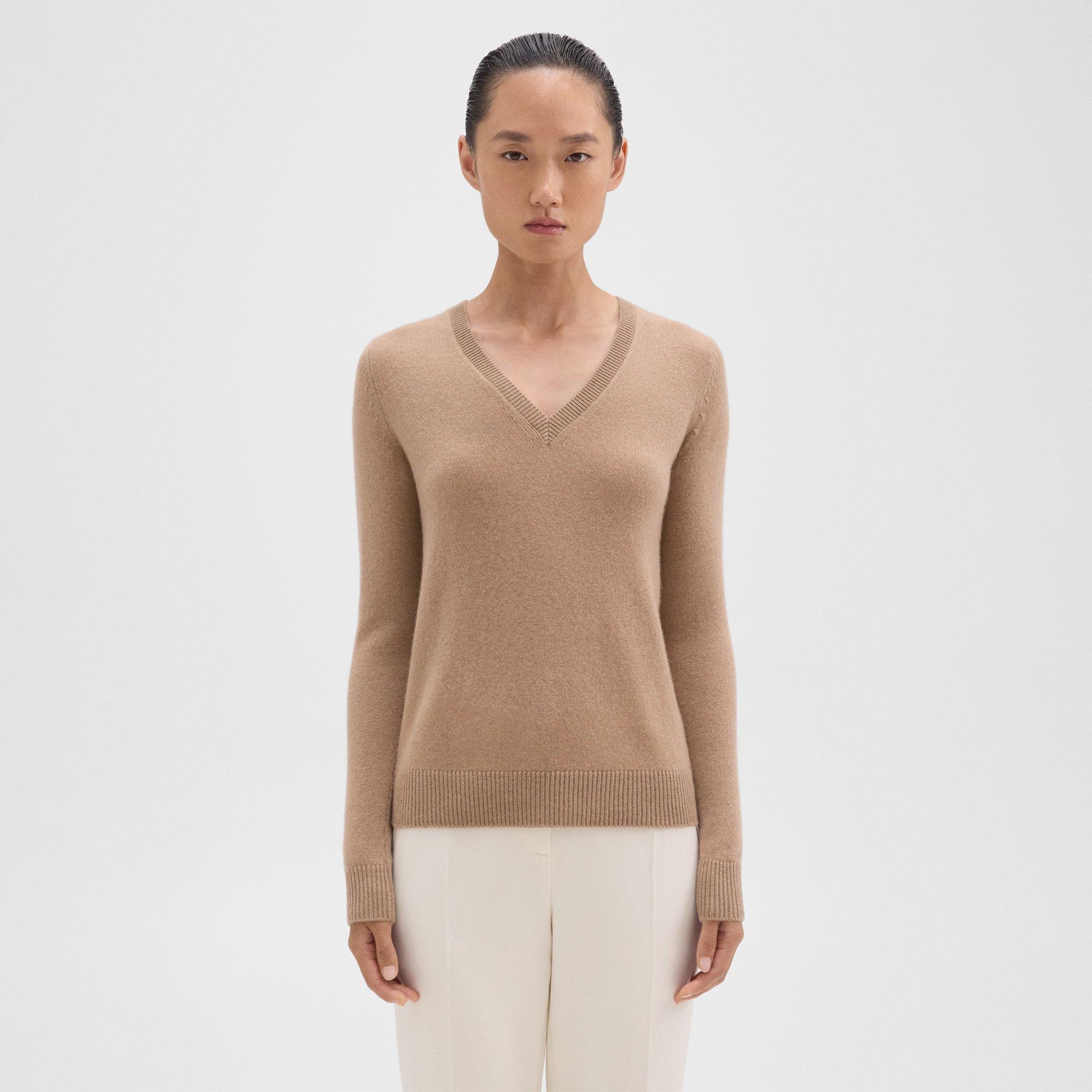 Theory V-neck Sweater In Feather Cashmere In Palomino