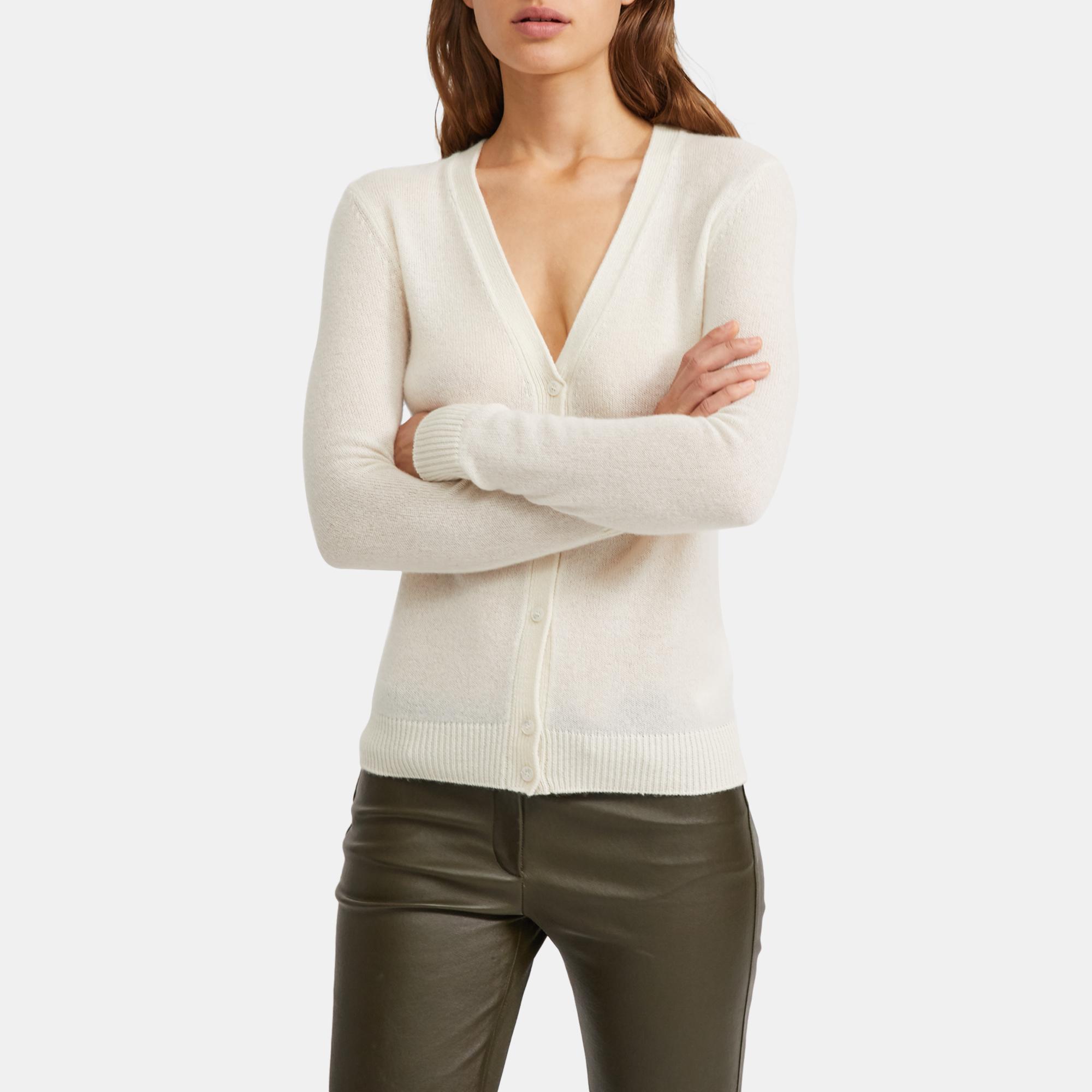 Theory V-neck Cardigan In Feather Cashmere In Ivory