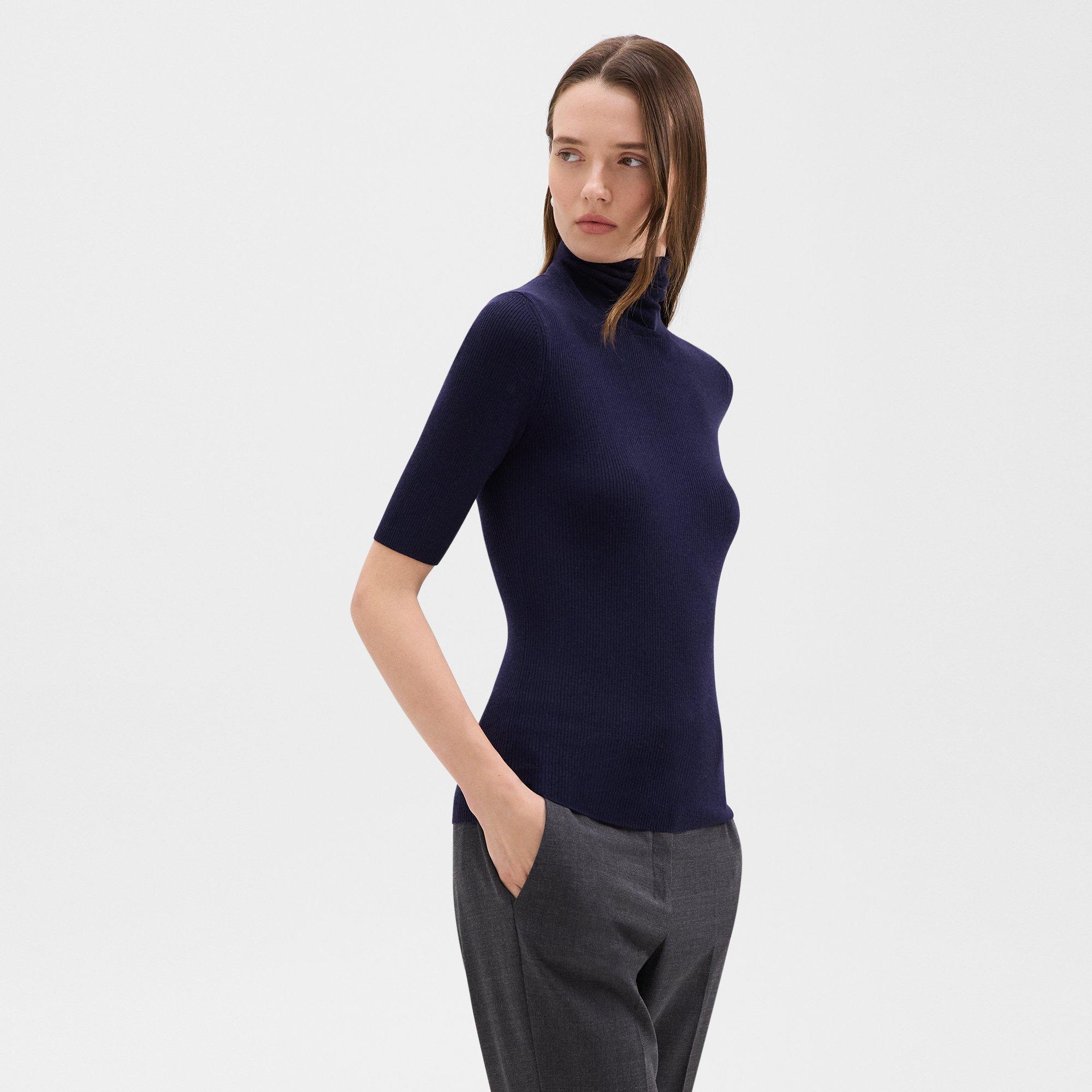Theory Short-sleeve Turtleneck In Merino Wool In Deep Navy