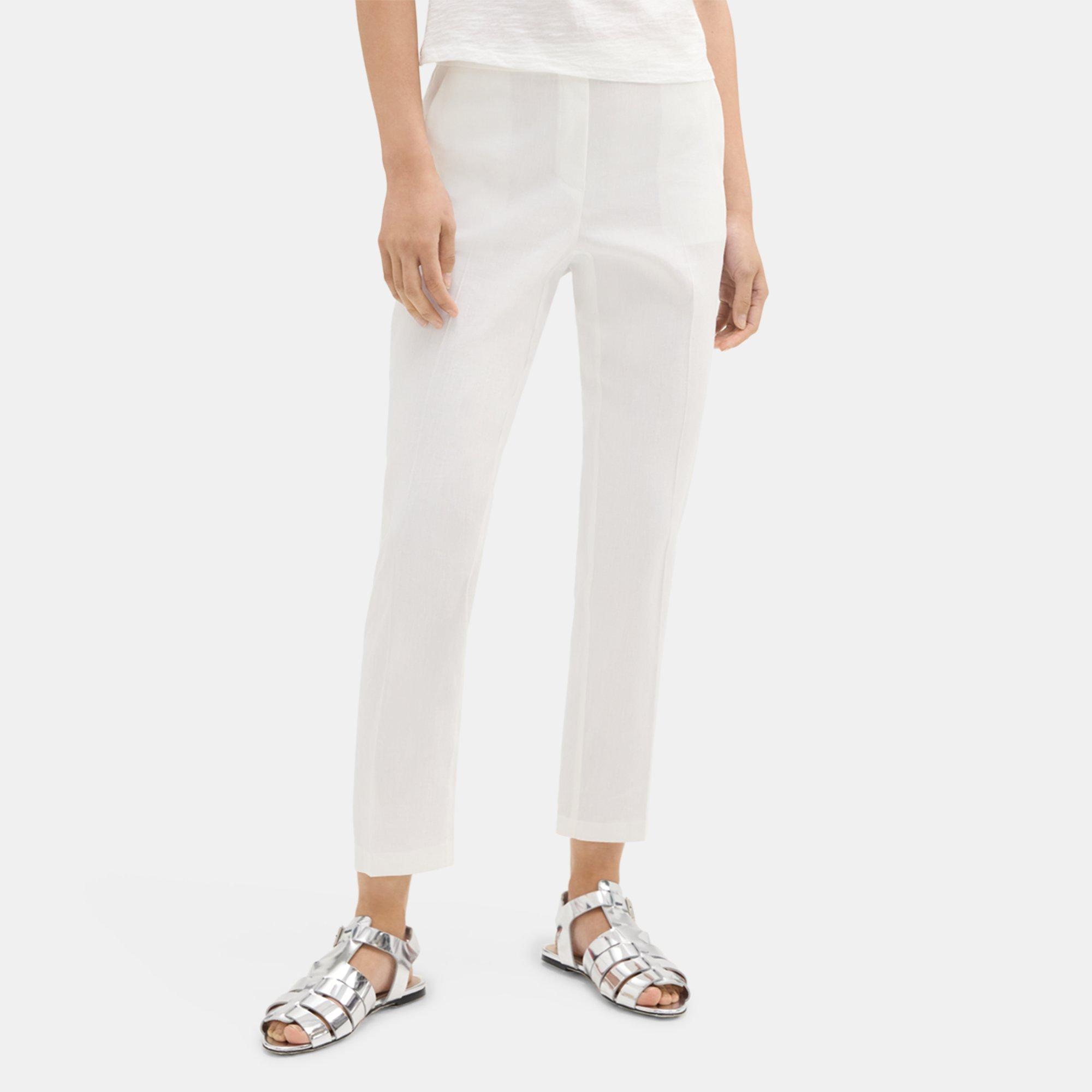 Theory Treeca Good Linen Cropped Pull-on Ankle Pants In White