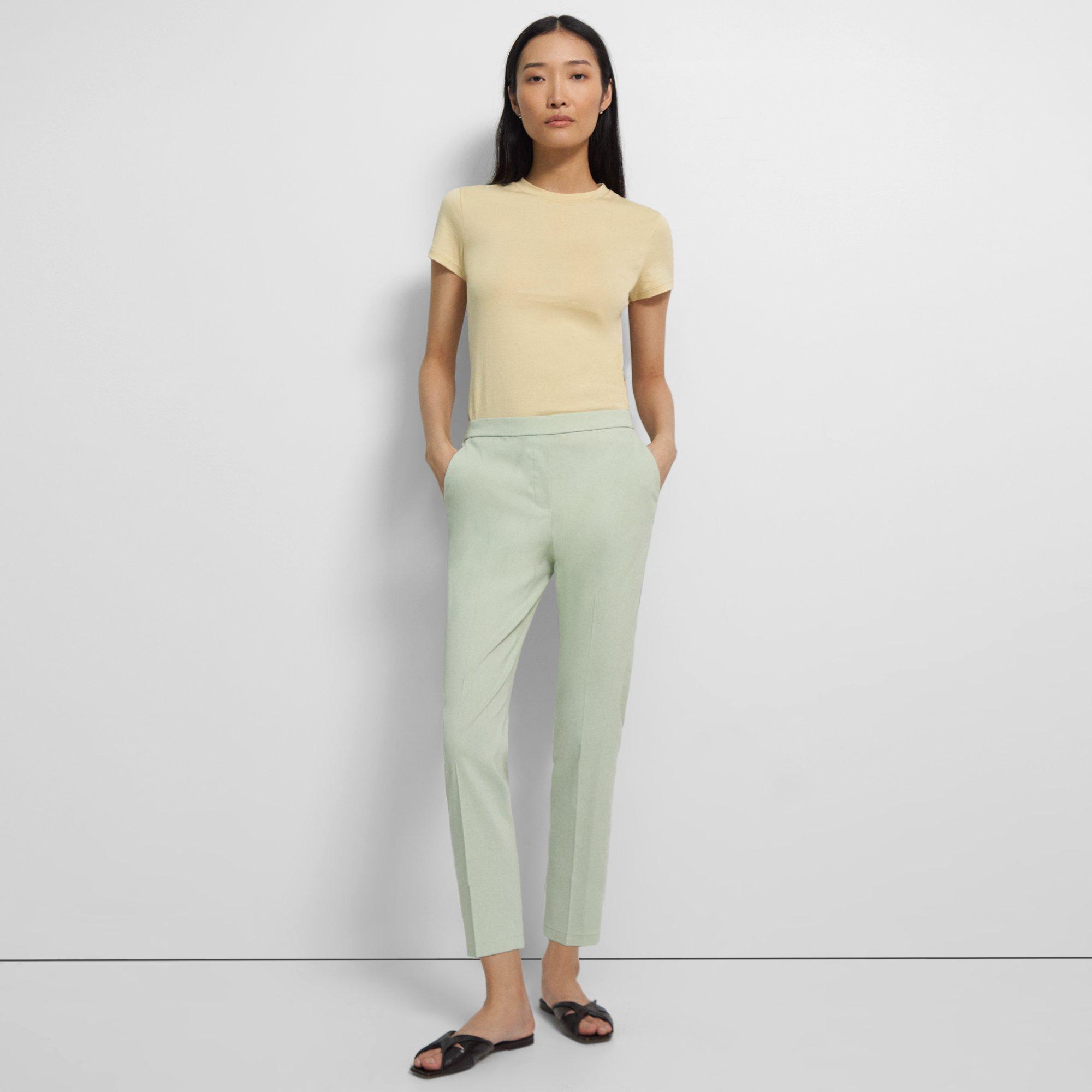Theory Slim Cropped Pull-on Pant In Stretch Linen In Mint