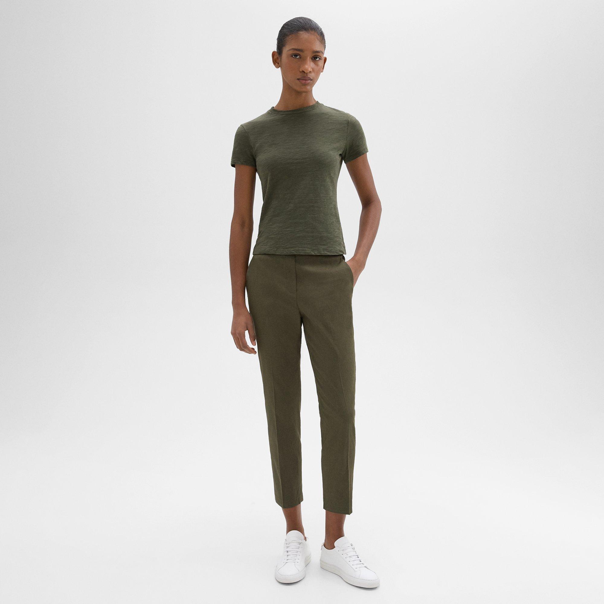 Theory Treeca Good Linen Cropped Pull-on Ankle Pants In Dark Olive