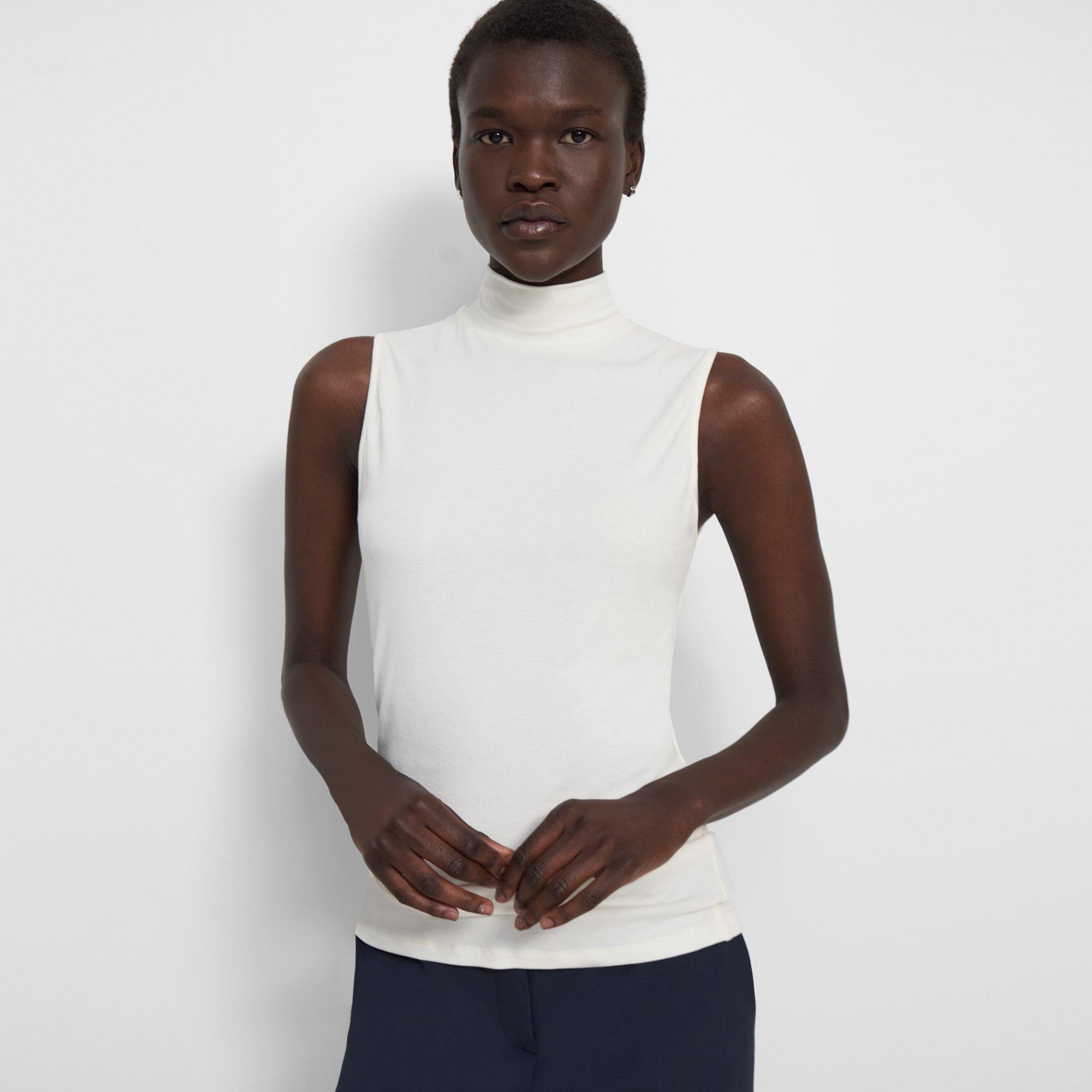 Theory Sleeveless Turtleneck Sweater In Ribbed Viscose In Ivory