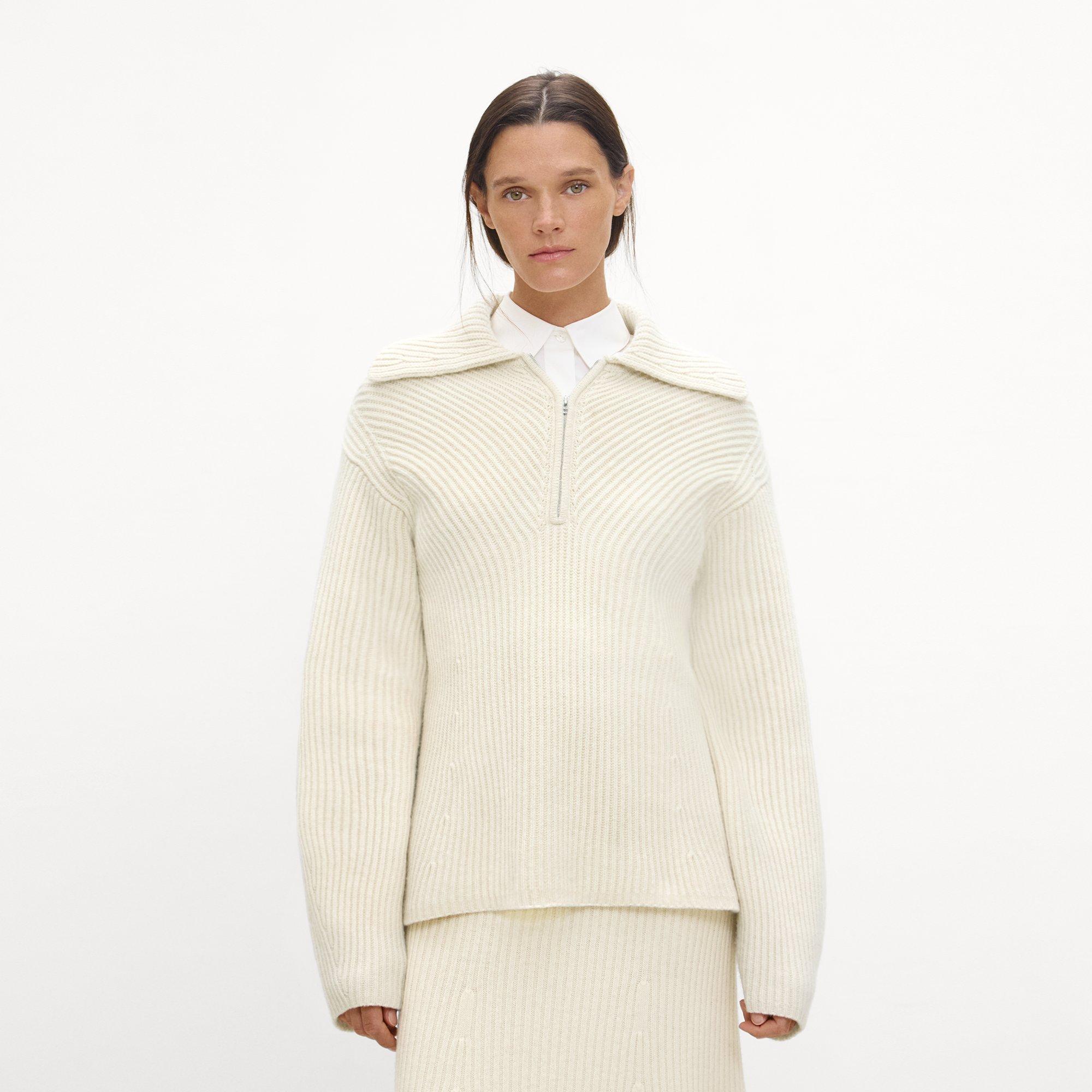 Theory Ribbed Half-zip Sweater In Felted Wool-cashmere In White