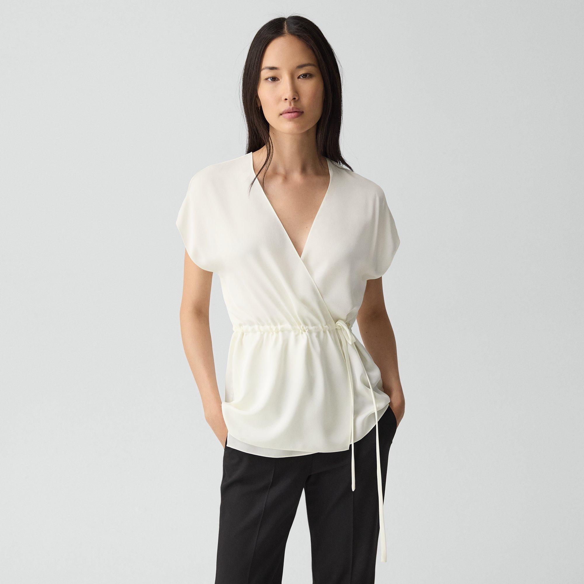 Theory Short-sleeve Wrap Top In Silk Georgette In White