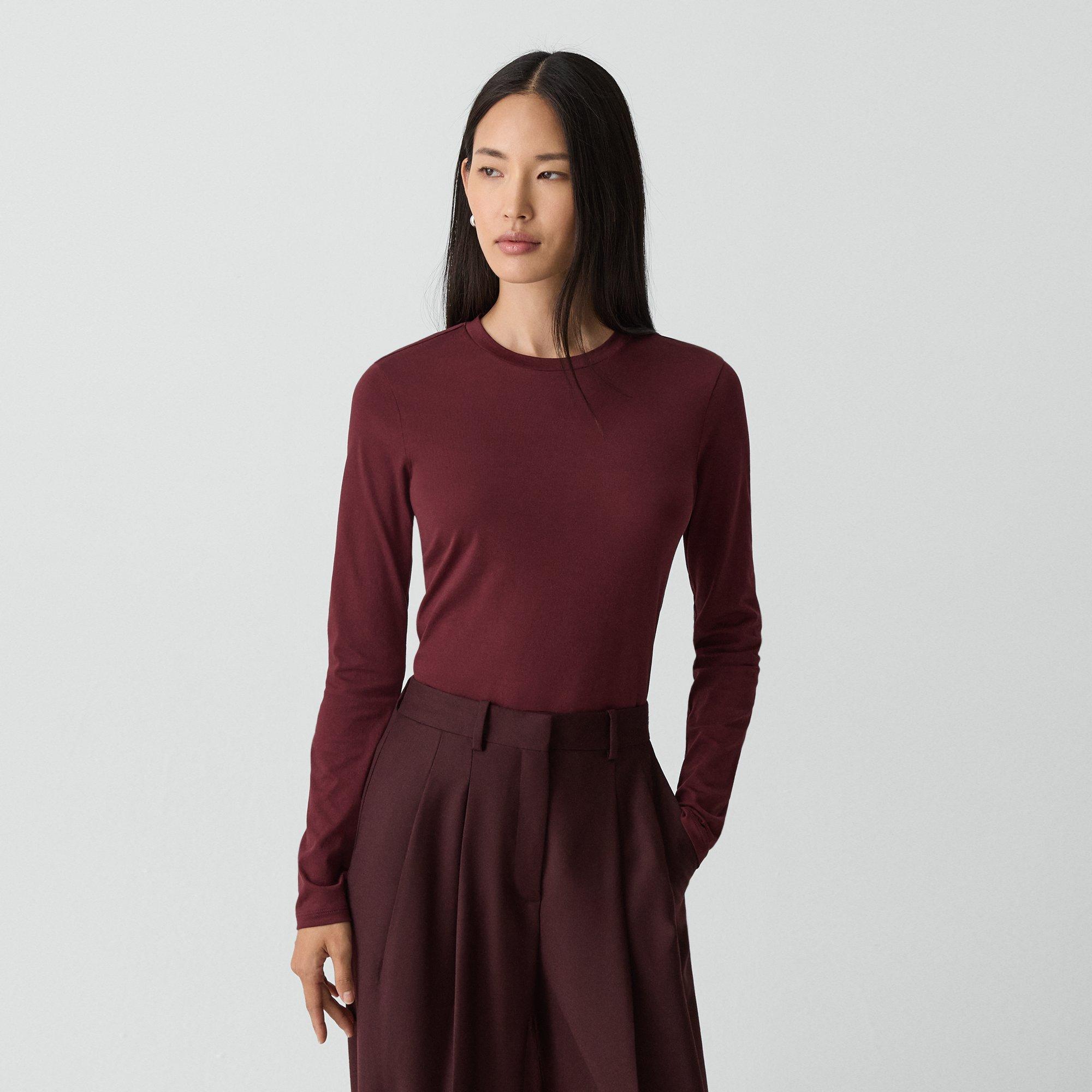 Theory Tiny Long-sleeve Tee In Organic Cotton In Burgundy