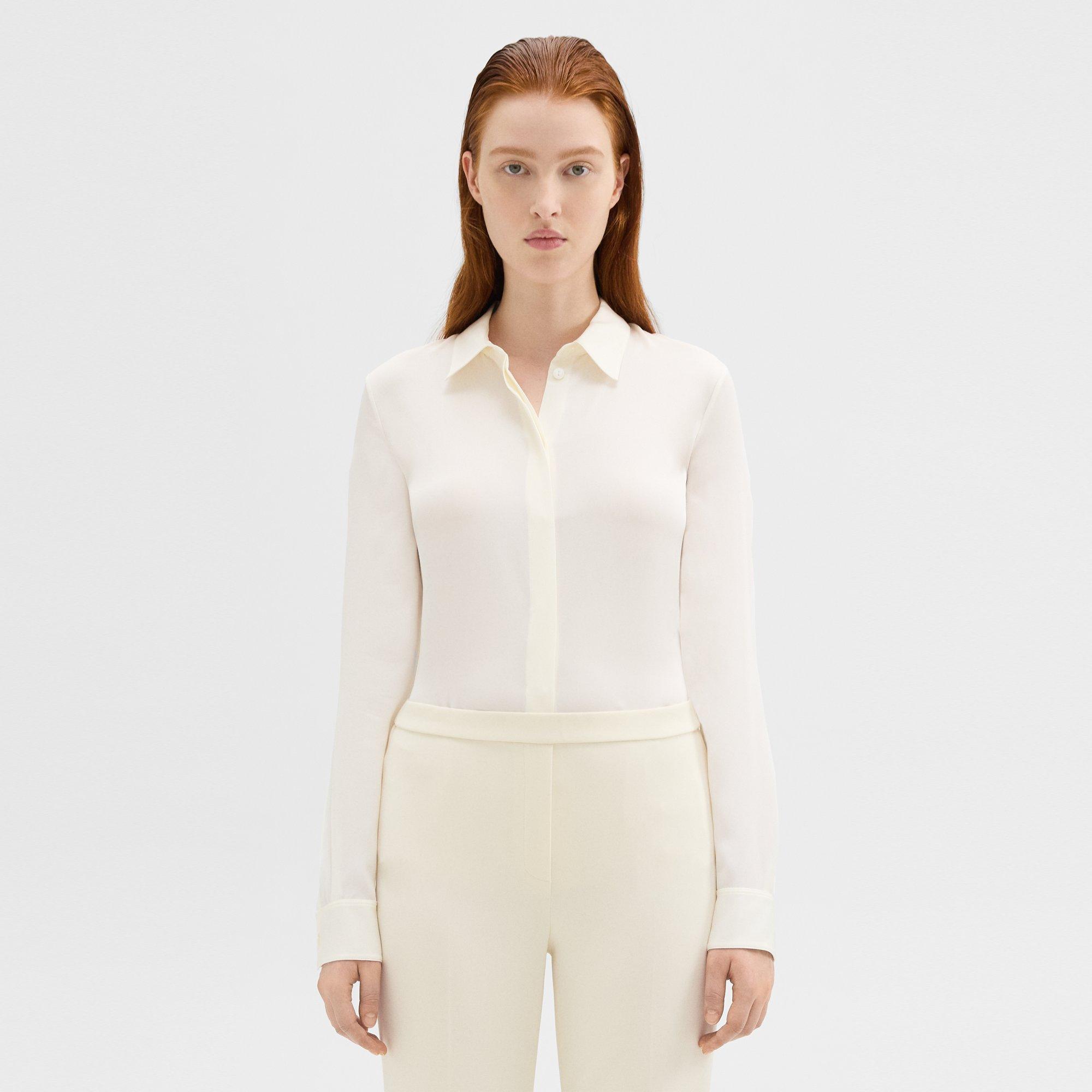 Theory Fitted Shirt In Silk Georgette In Ivory