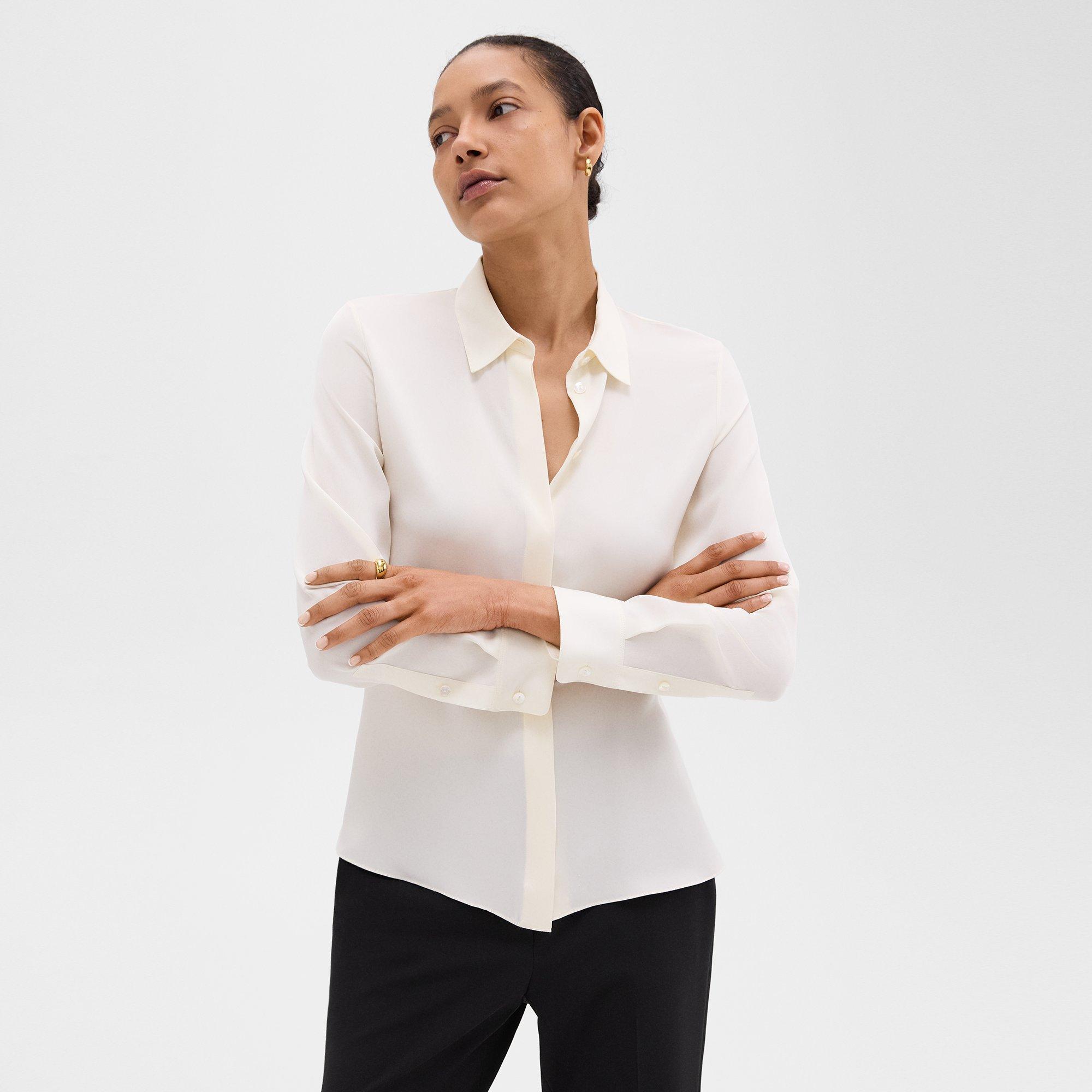 Theory Fitted Shirt In Silk Georgette In Ivory