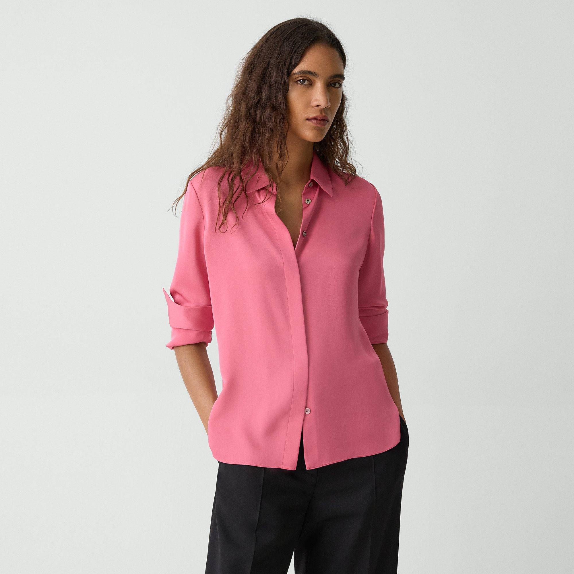 Theory Fitted Shirt In Silk Georgette In Bright Pink