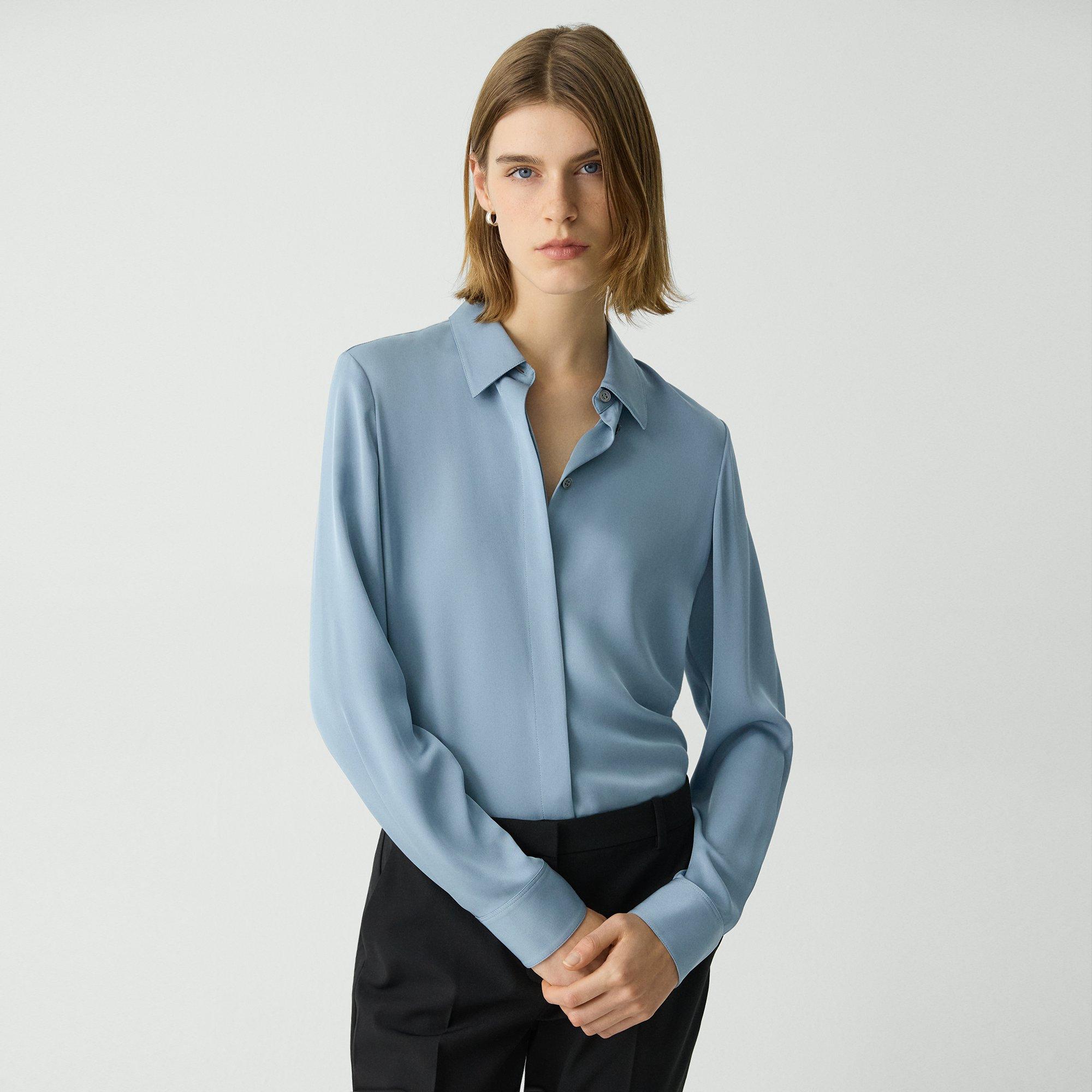 Theory Fitted Shirt In Silk Georgette In Stone Blue