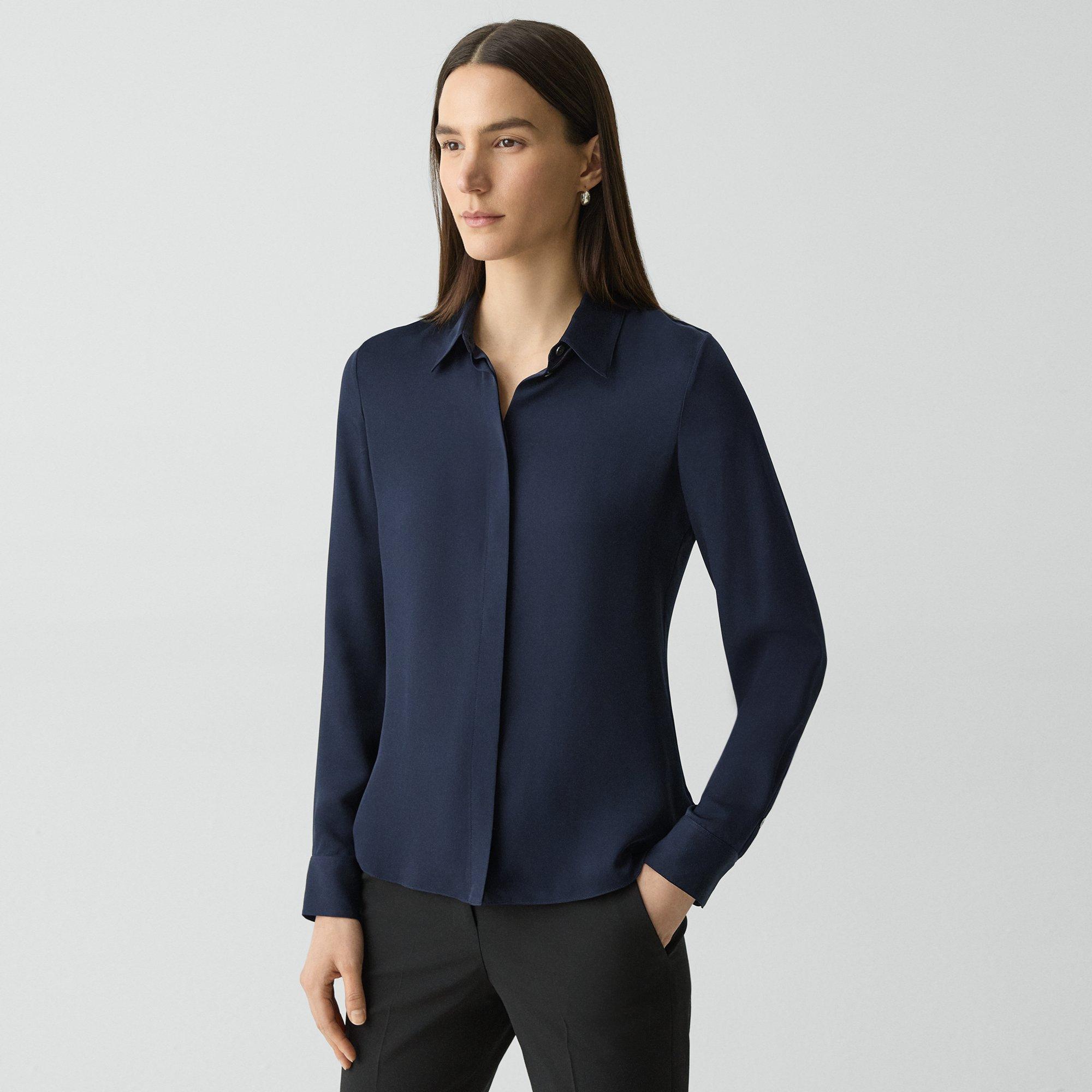 Theory Fitted Shirt In Silk Georgette In Blue
