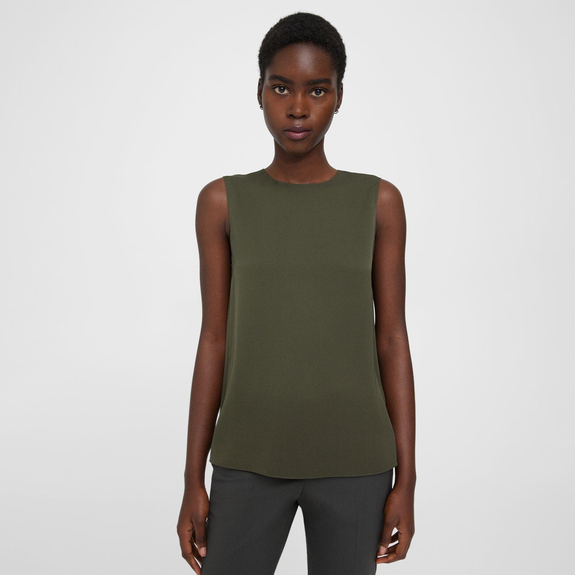 Theory Shell Top In Silk Georgette In Dark Olive