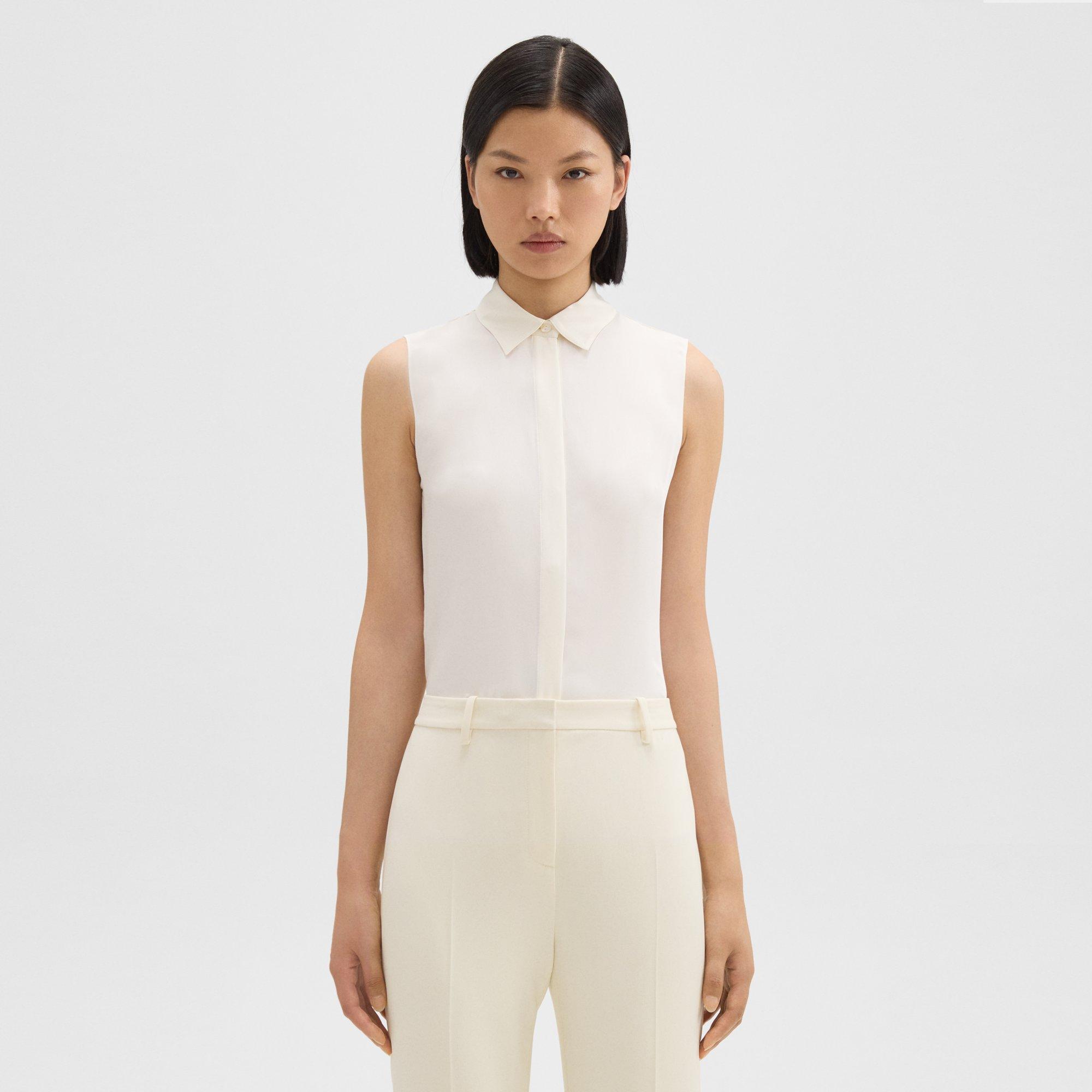 Theory Fitted Sleeveless Shirt In Silk Georgette In Ivory