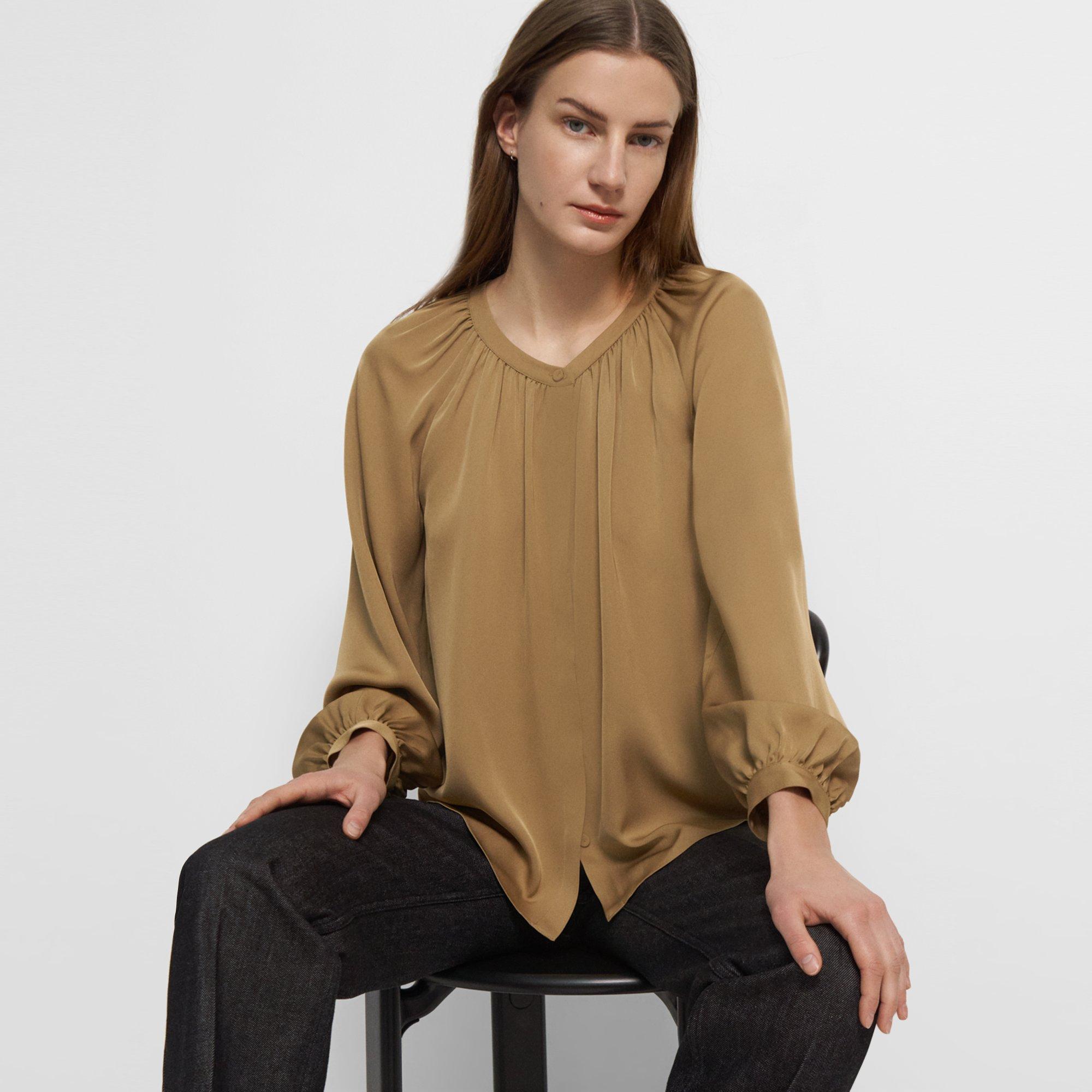 Theory Gathered Shirt In Stretch Silk In New Camel