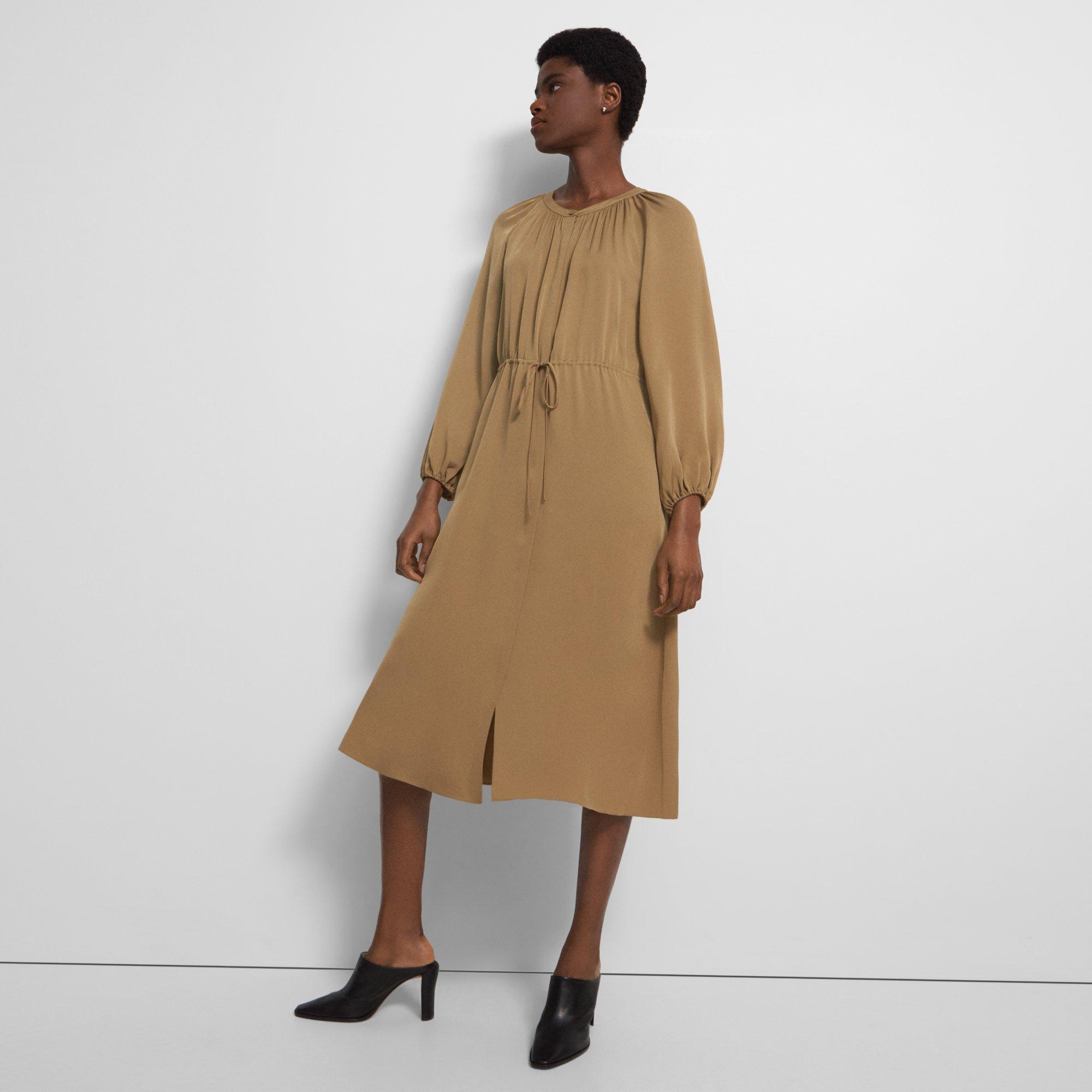 Theory Gathered Shirt Dress In Stretch Silk In New Camel