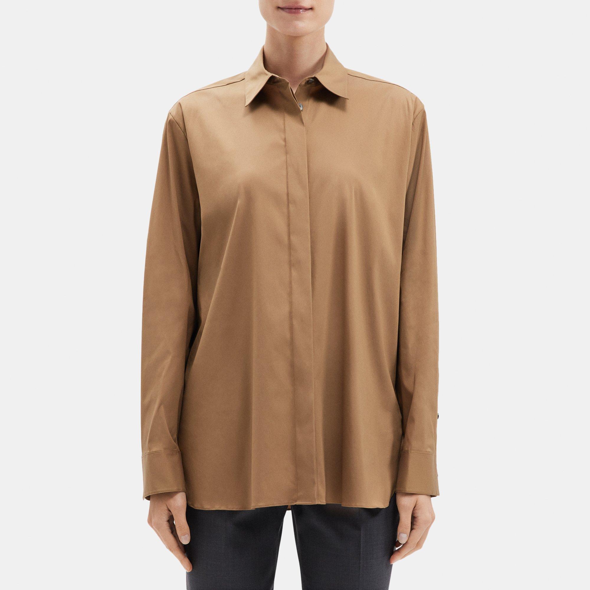Theory Menswear Shirt In Stretch Cotton In Truffle