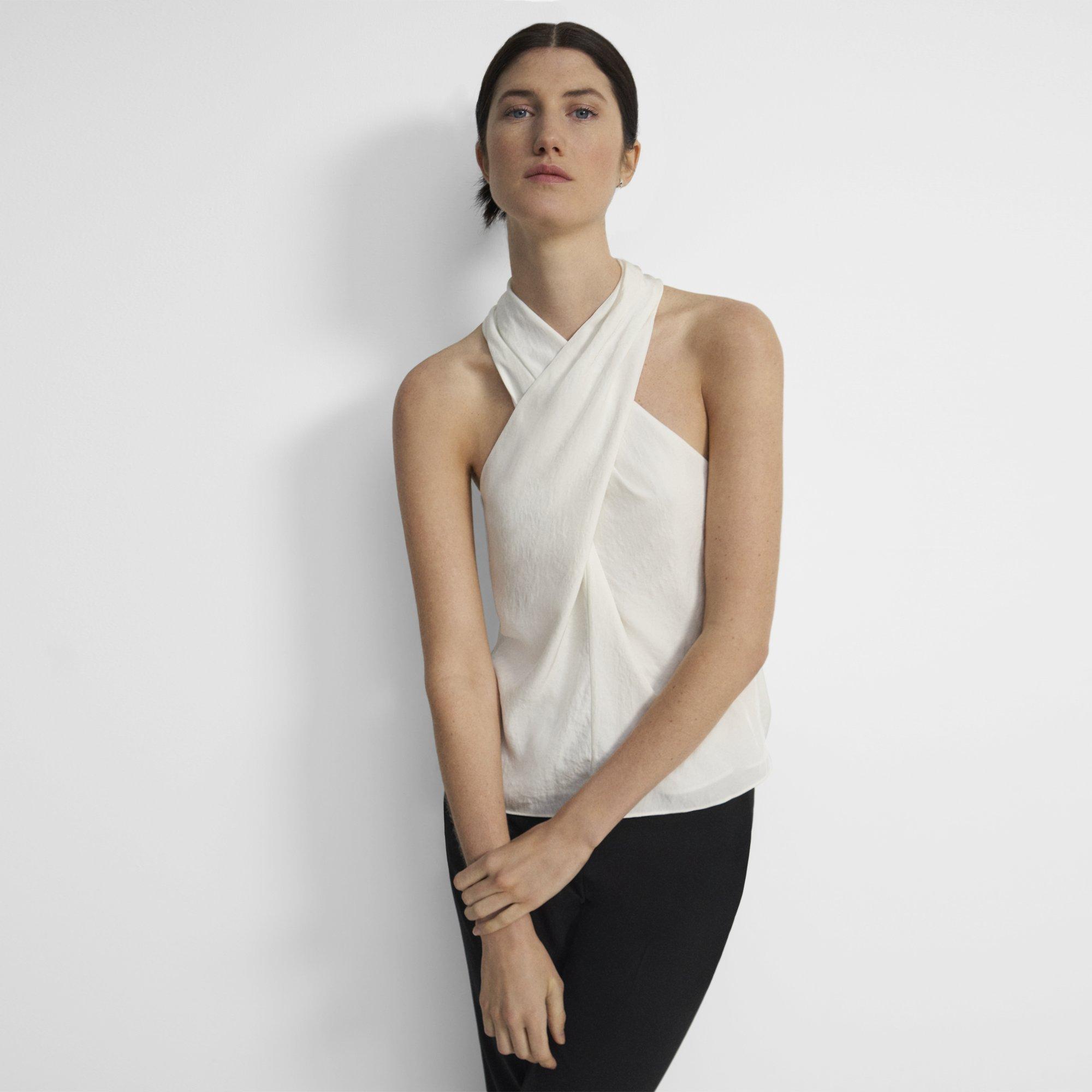 Theory Twisted Halter Top In Washed Twill In Ivory