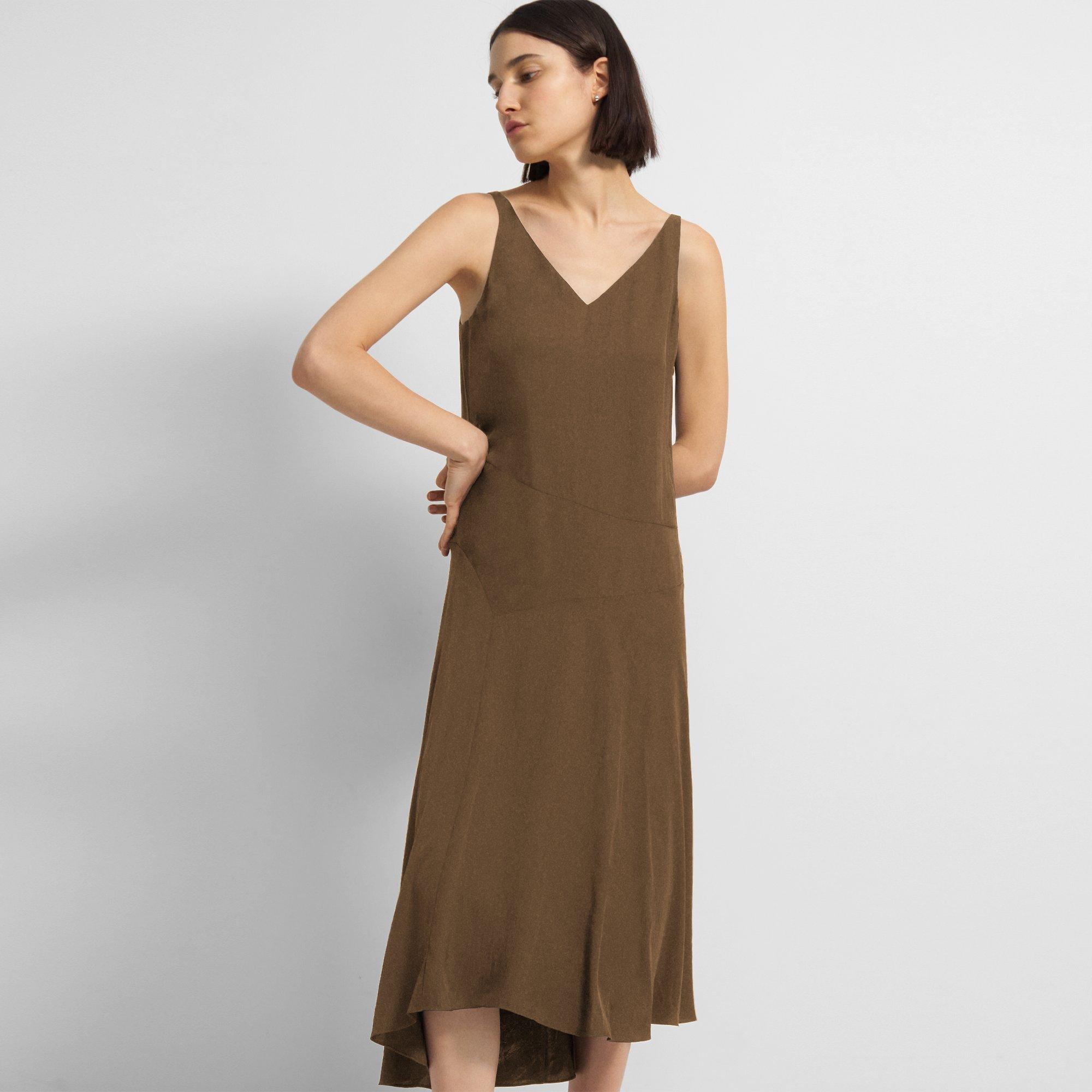 Theory Asymmetrical Dress In Washed Twill In Willow