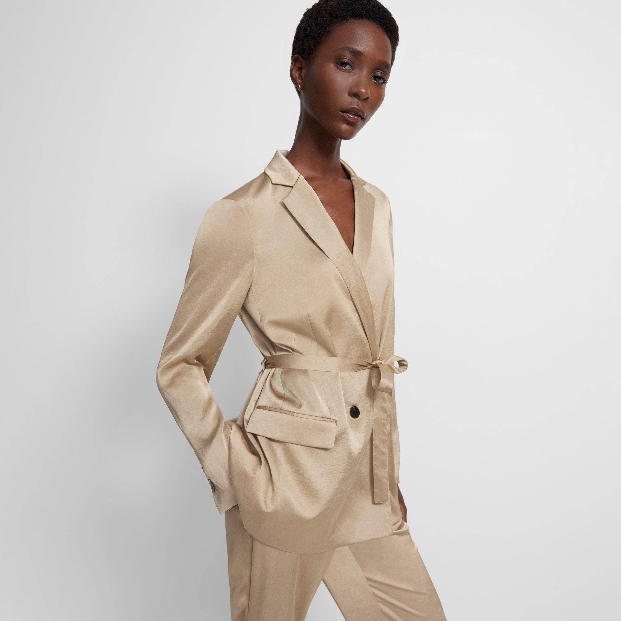 Theory Belted Double-breasted Blazer In Crushed Satin In Neutral
