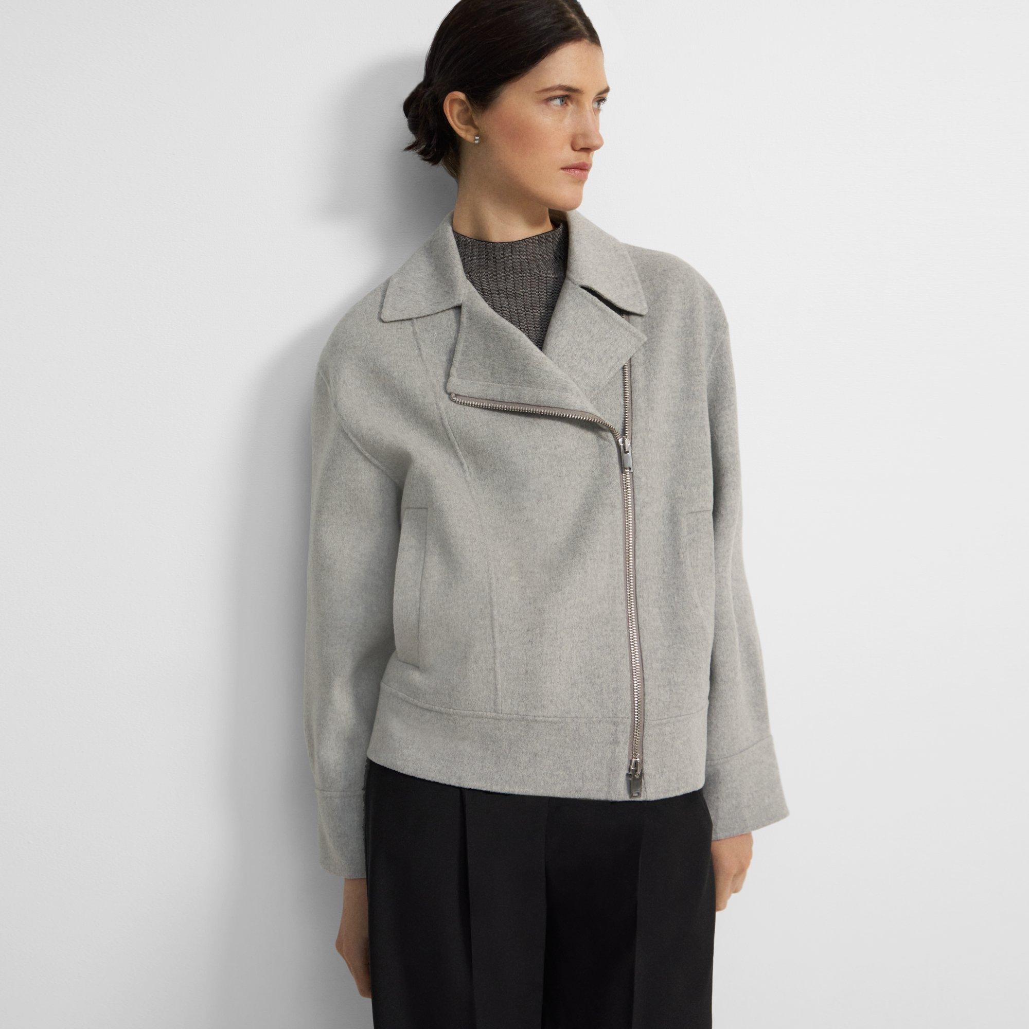 Theory Oversized Moto Jacket In Double-face Wool-cashmere In Melange Grey