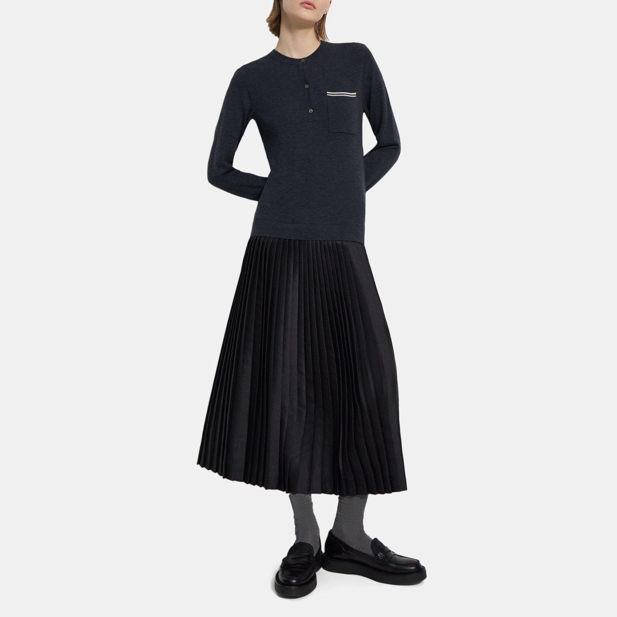Theory Knit Combo Dress In Charcoal Blue/new Oatmeal/blac
