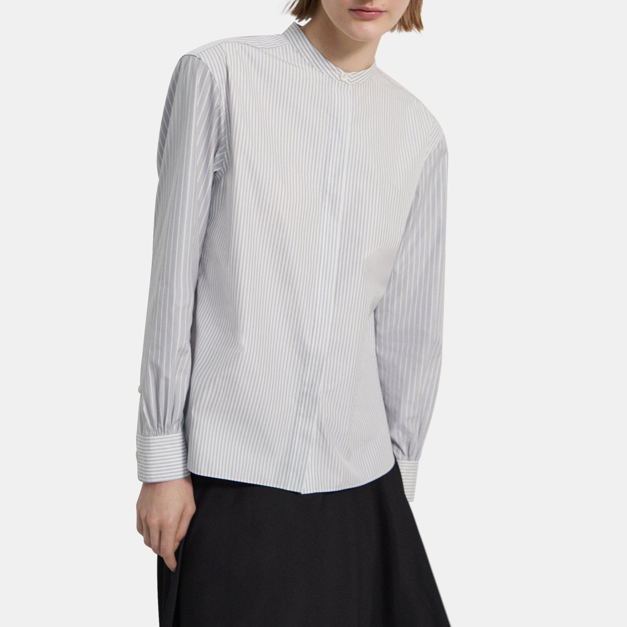 Theory Striped Cotton Band-collar Shirt In Grey Multi
