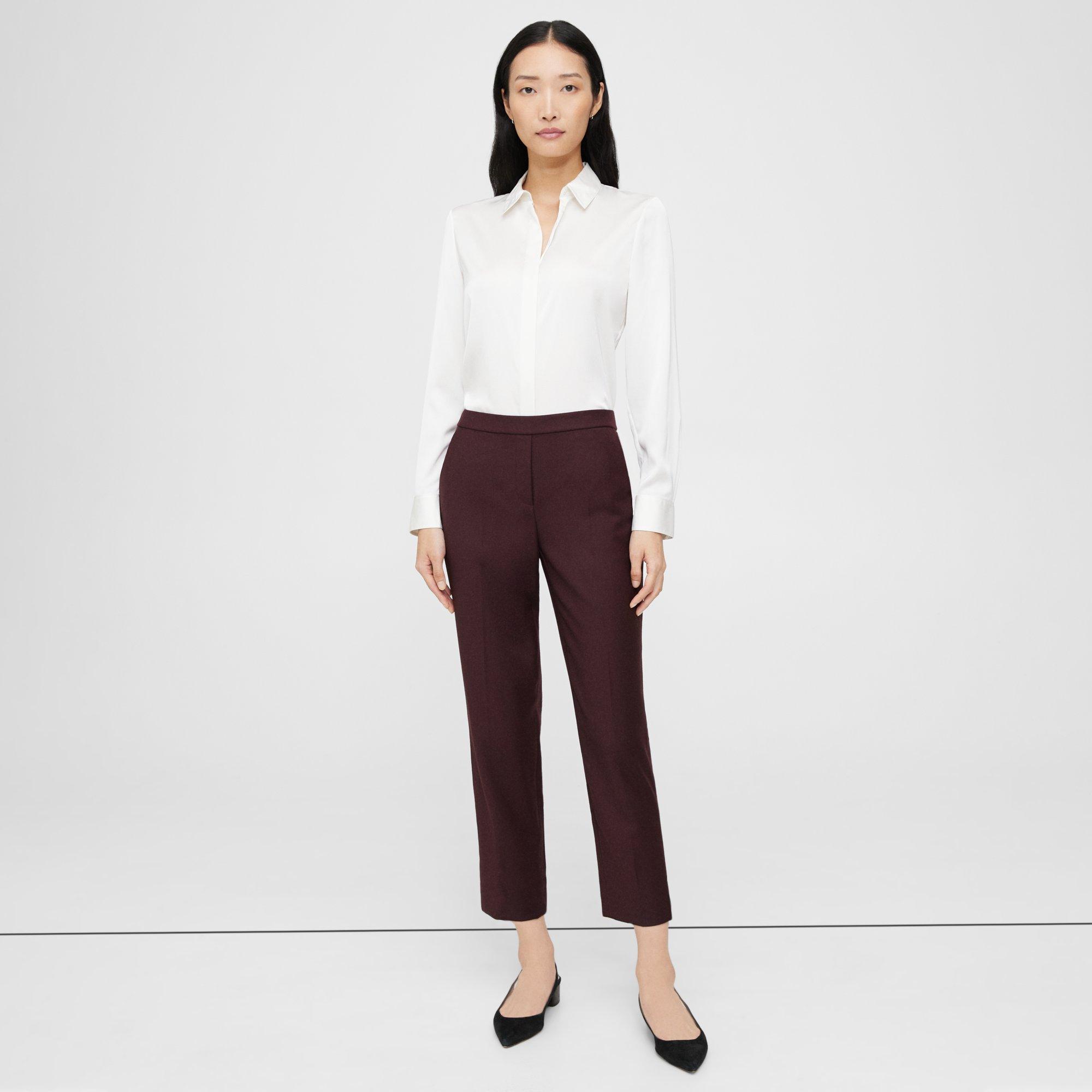Theory Slim Cropped Pull-on Pant In Wool Flannel In Burgundy