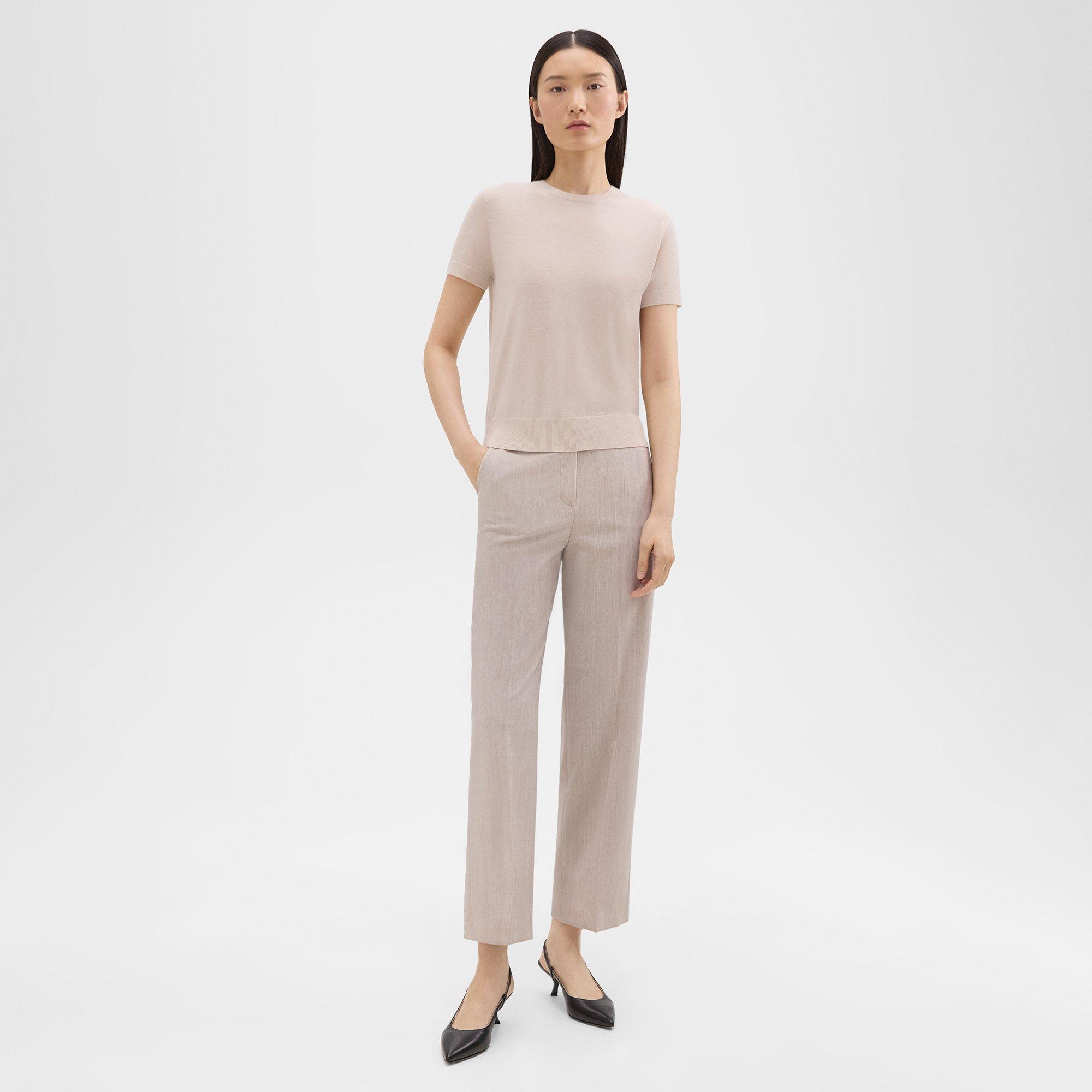 Theory High-waist Straight-leg Pant In Good Wool In Sand Melange