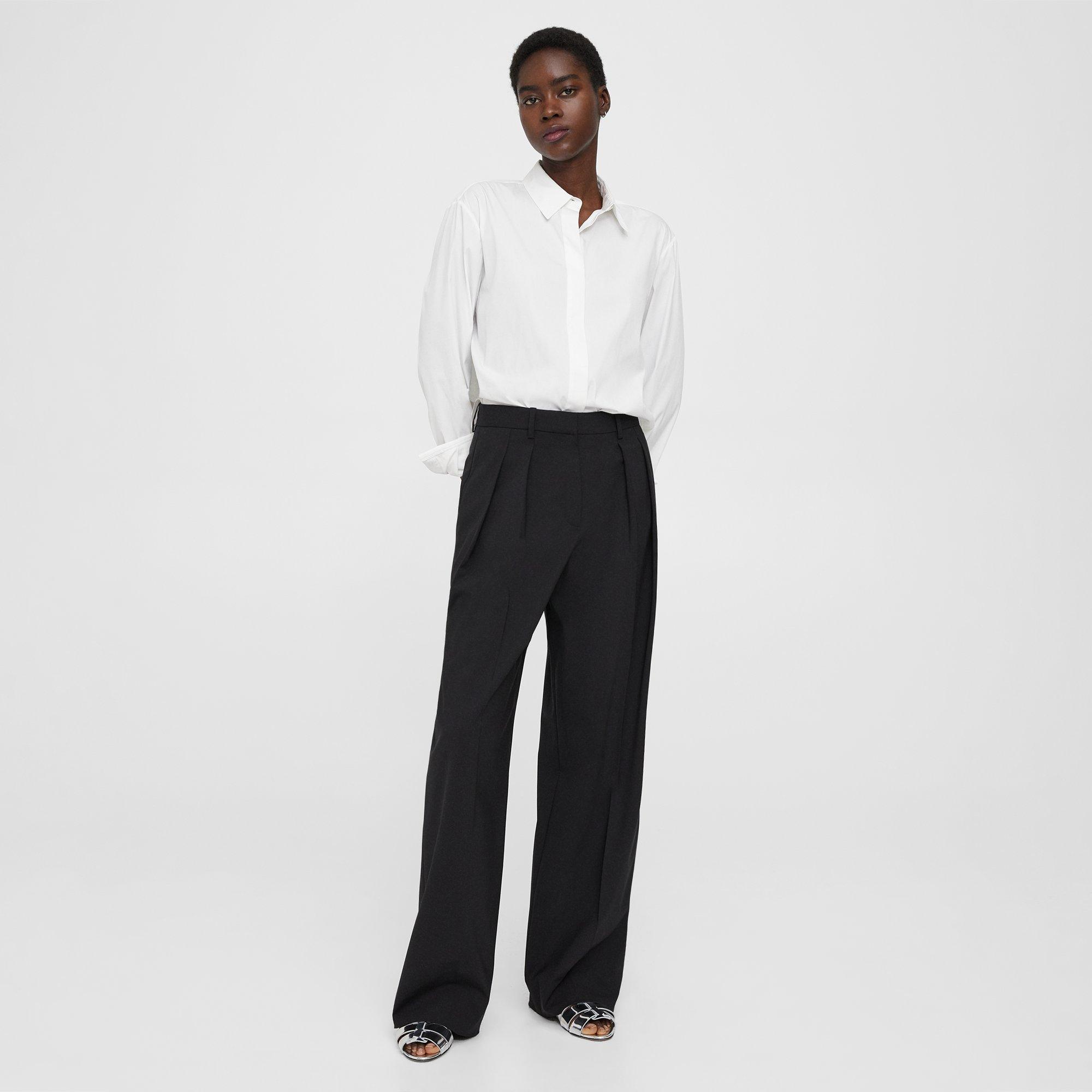 Theory Pleated Wide-leg Pant In Stretch Wool In Black
